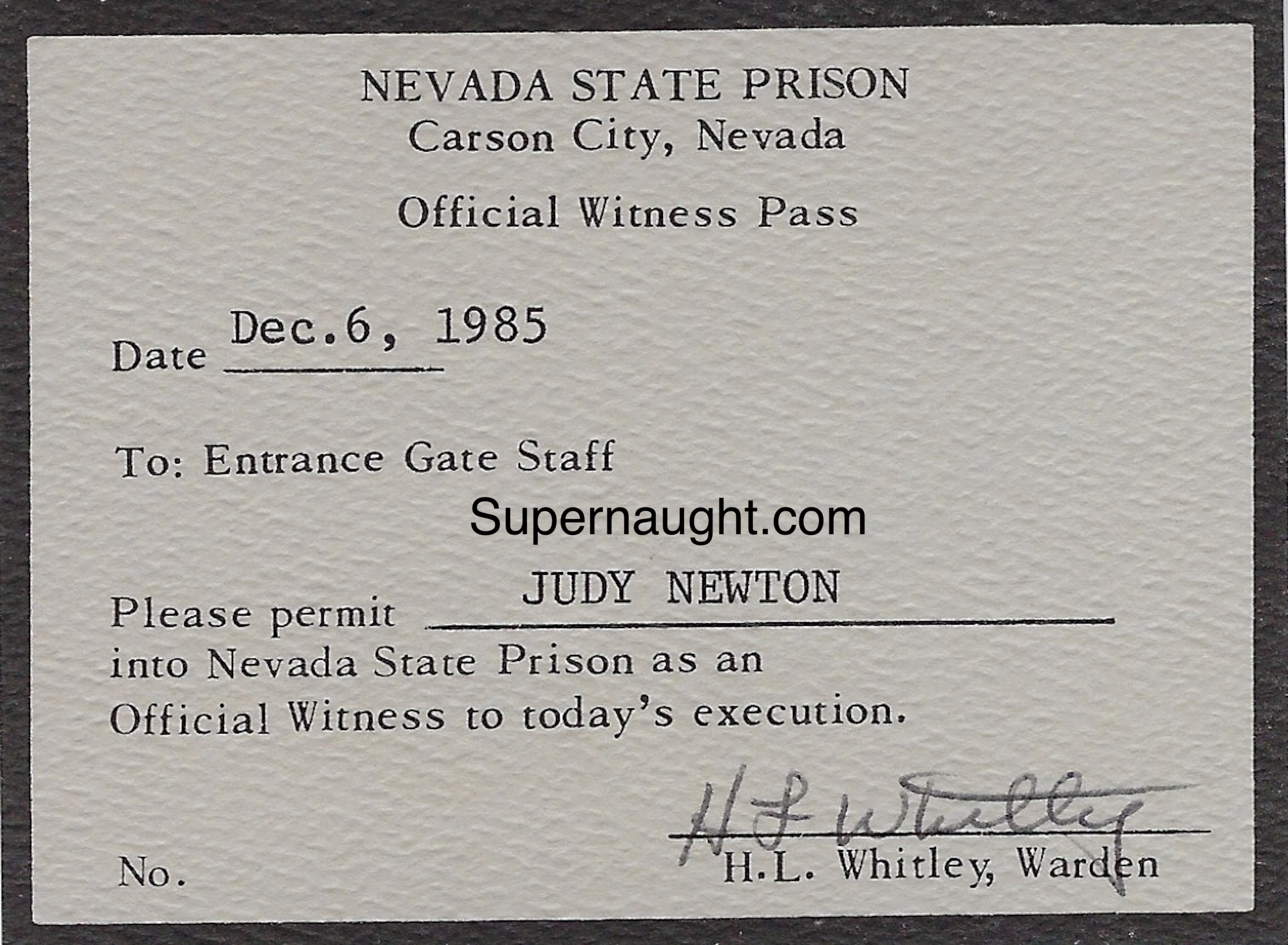 Carroll Cole Witness Execution Pass with Letter and Envelope Set