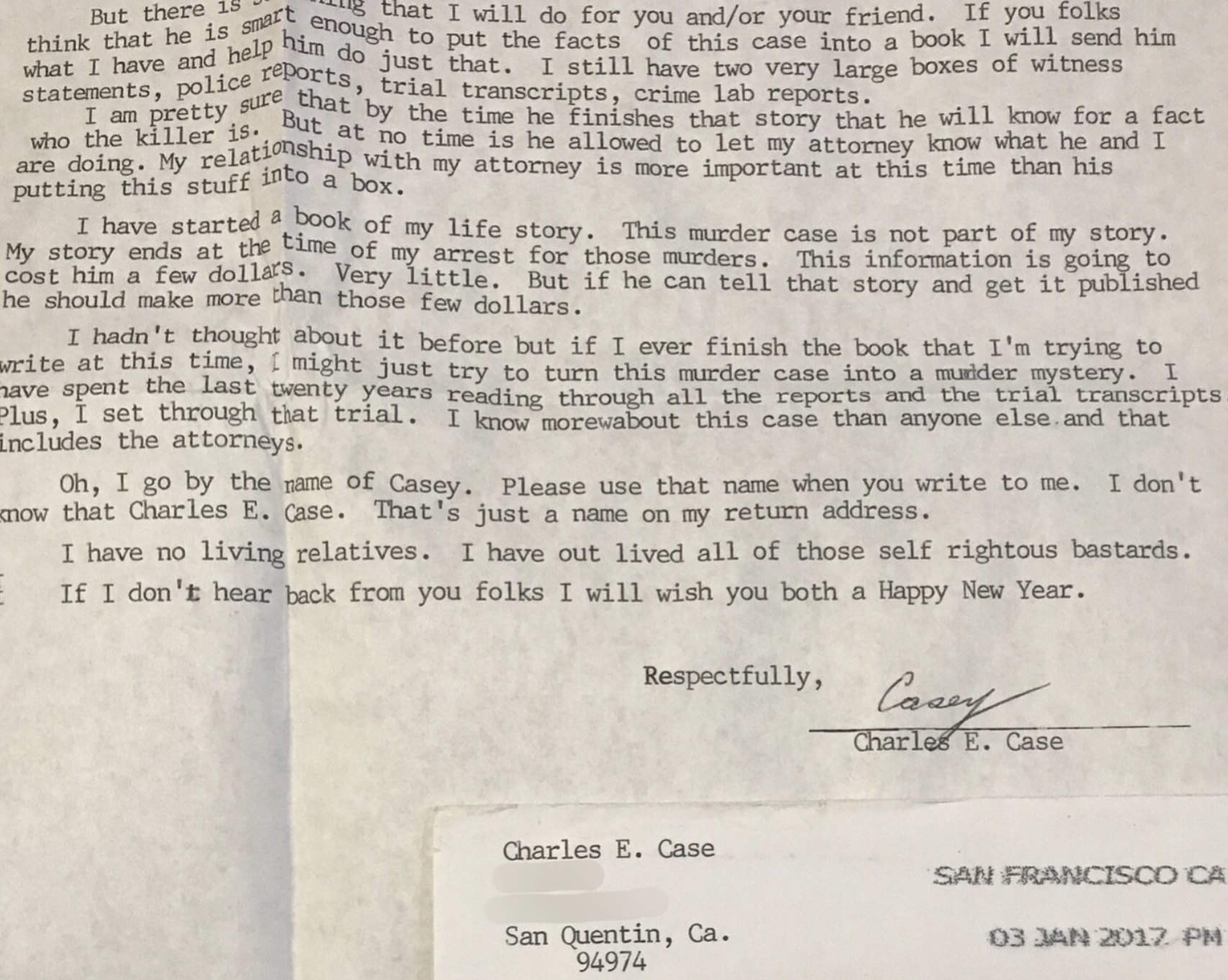 Charles Case Signed Letter With Envelope San Quentin Death Row