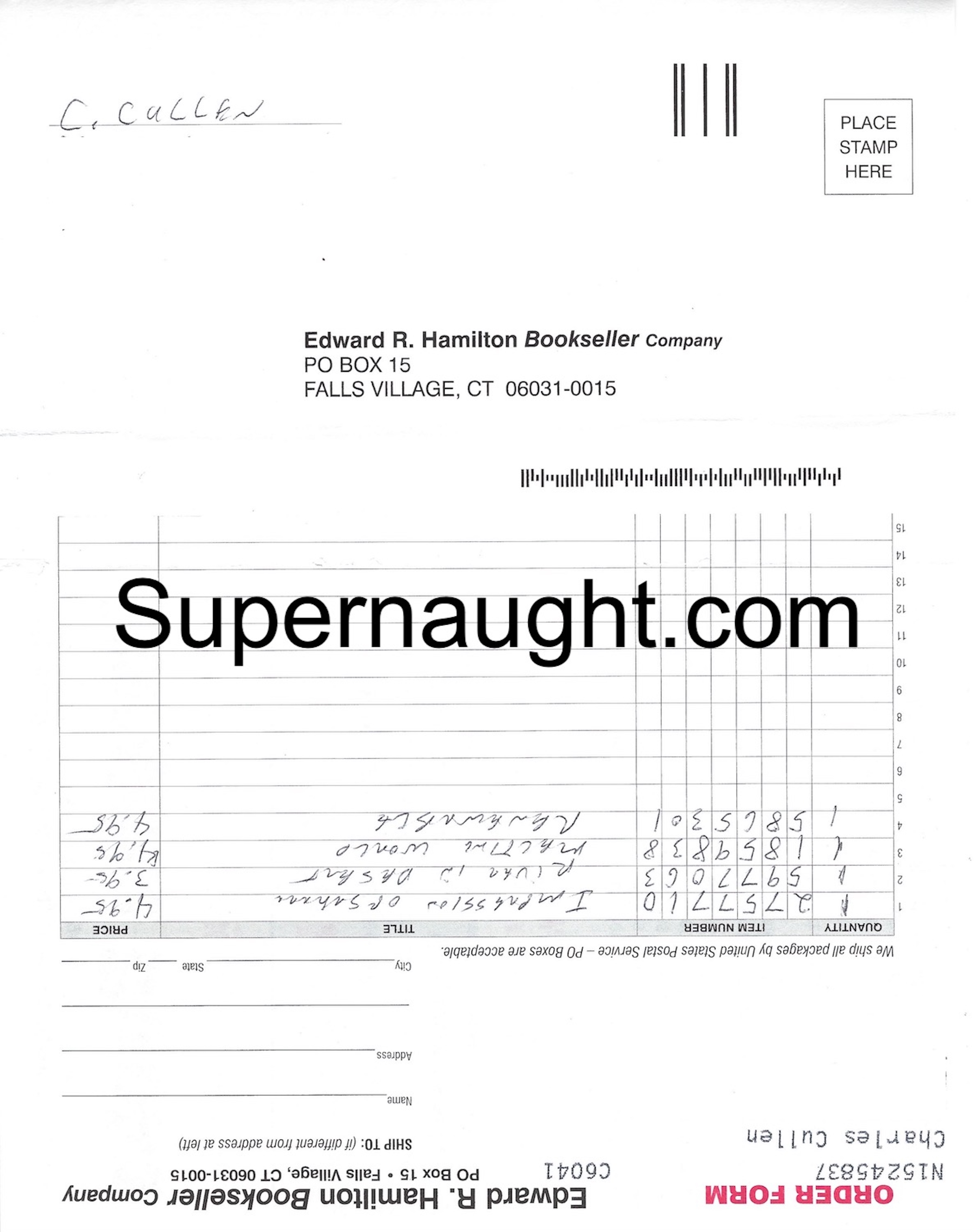 Charles Cullen Book Order Form with Signed Envelope