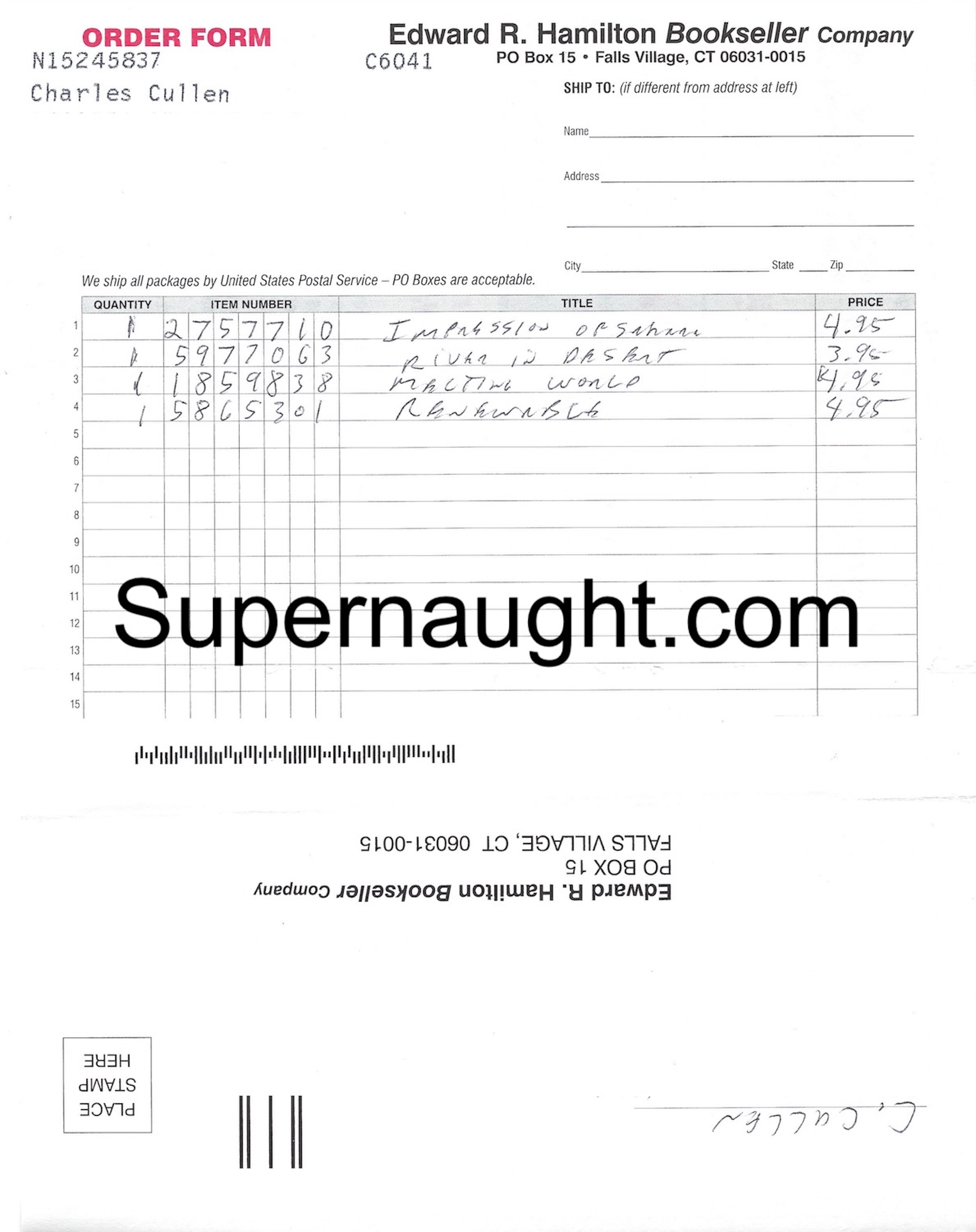 Charles Cullen Book Order Form with Signed Envelope image 2