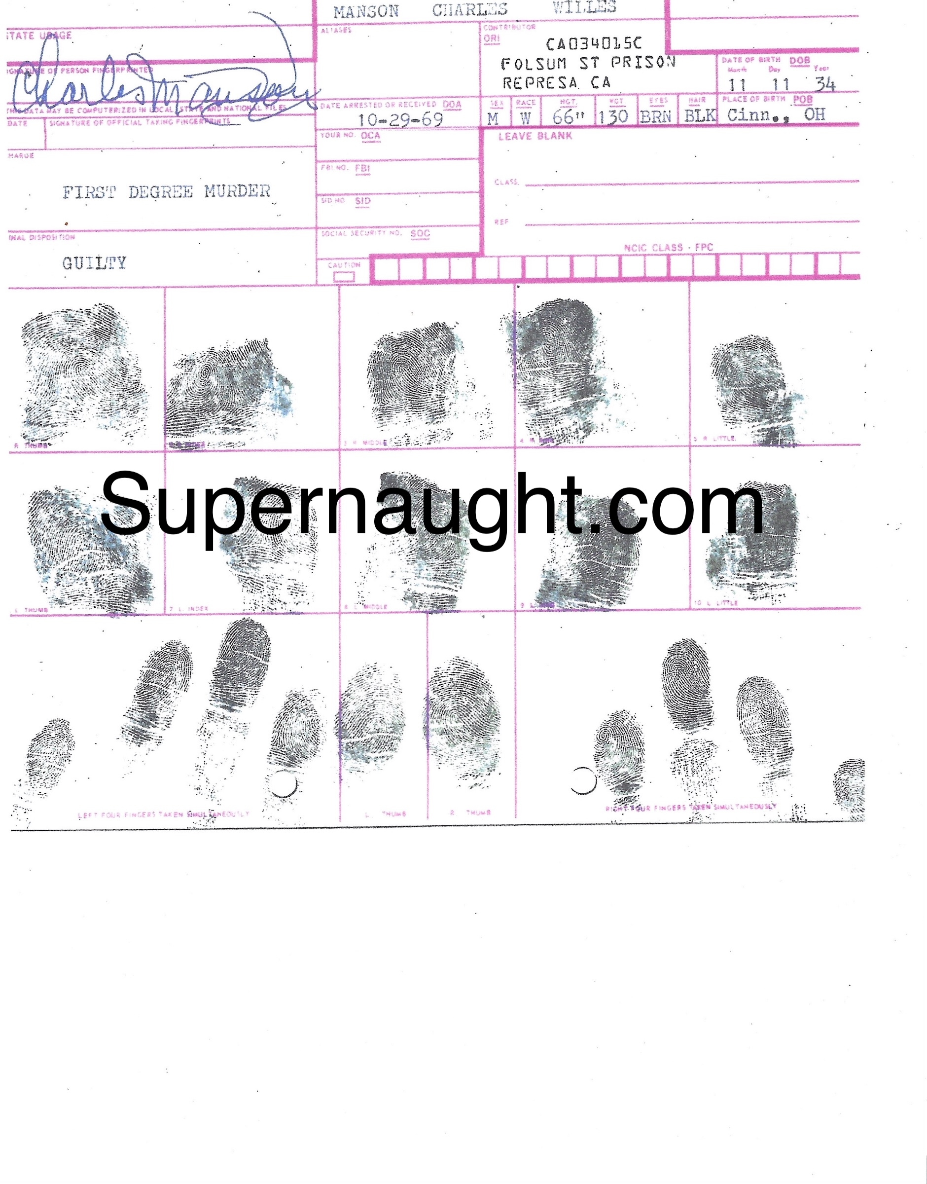 Charles Manson 1969 Fingerprint Chart Replica