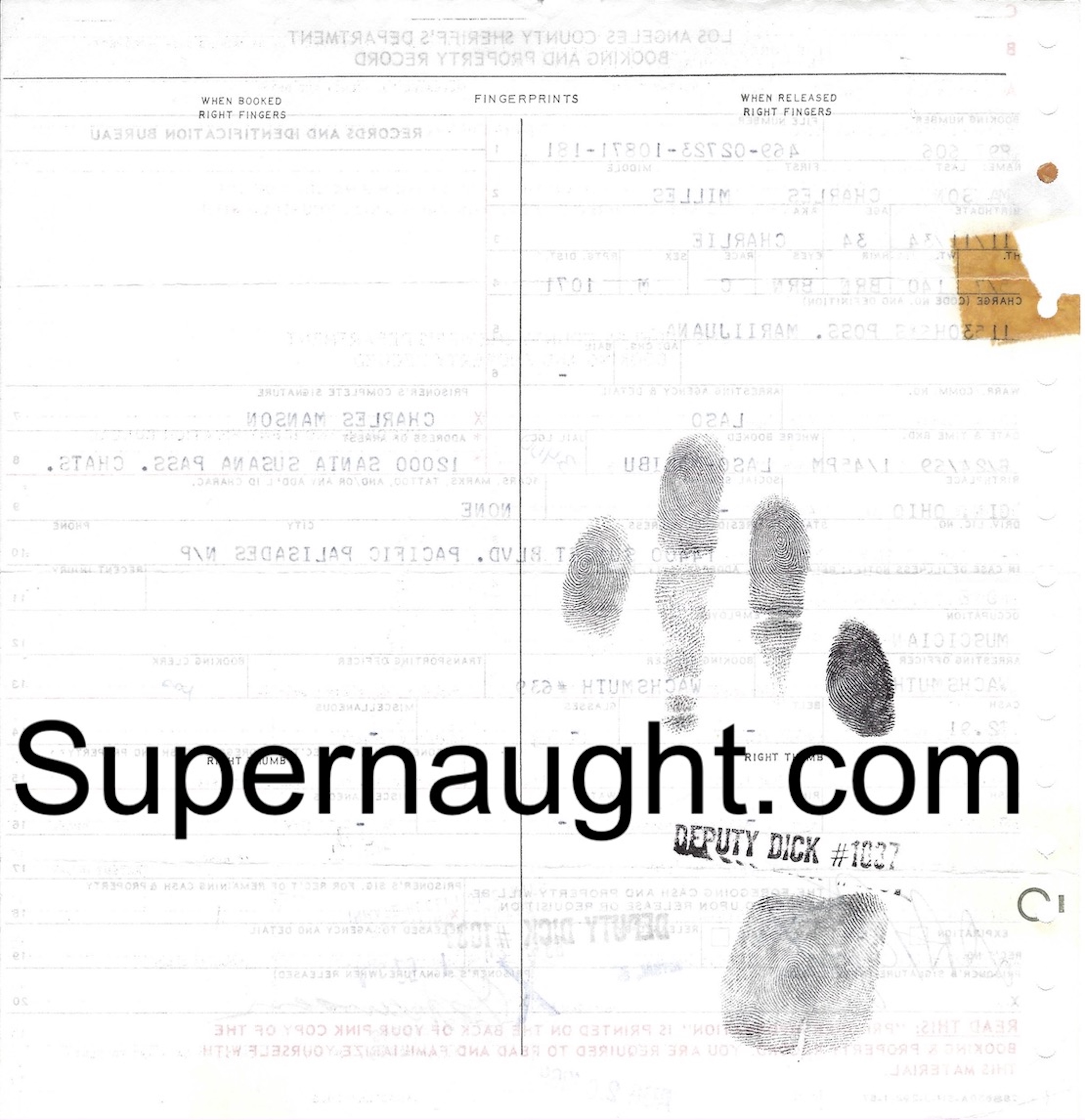 Charles Manson 1969 Marijuana Possession Booking Prints image 2