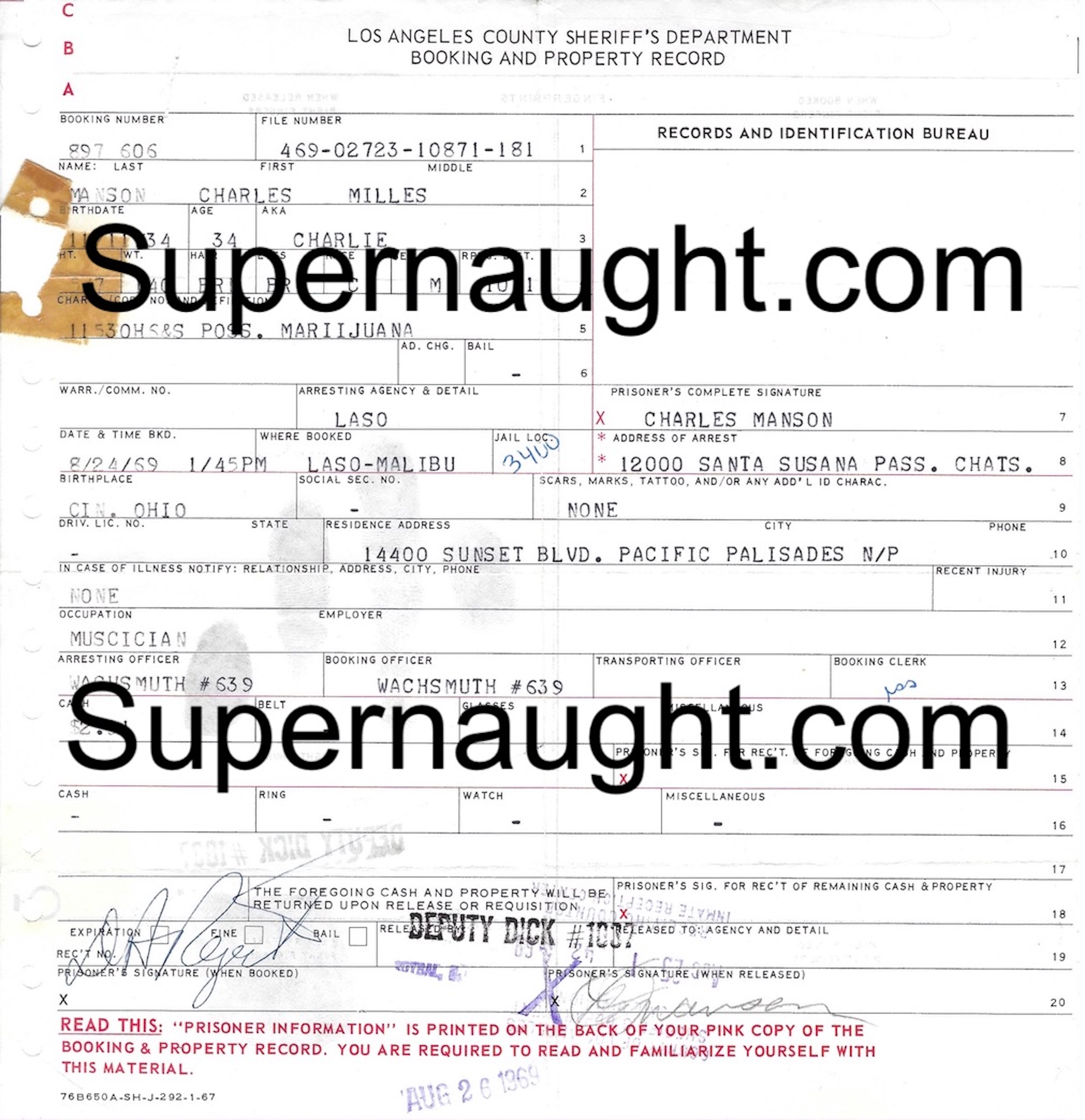Charles Manson 1969 Marijuana Possession Booking Prints