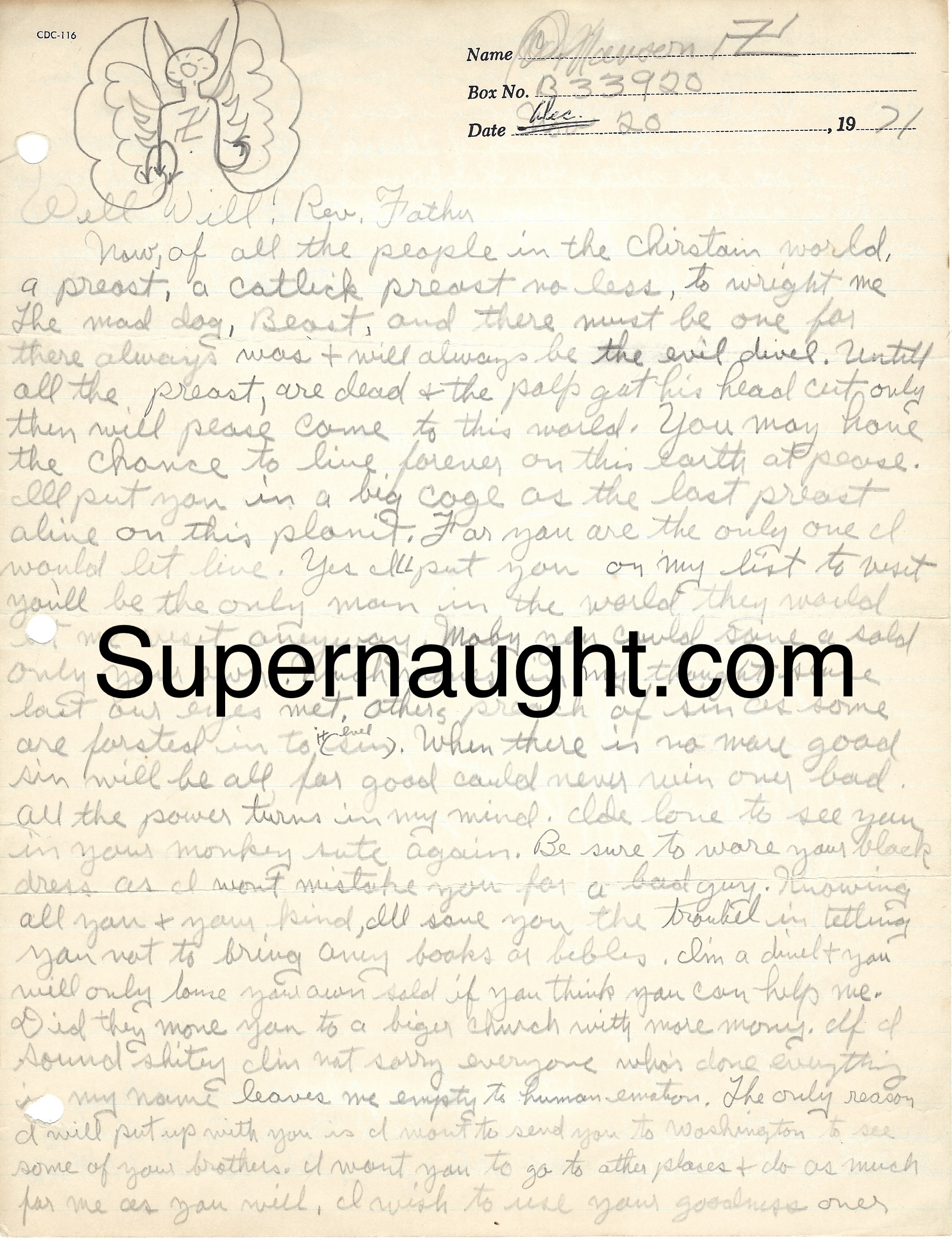 Charles Manson 1971 Letter Signed 3 Times