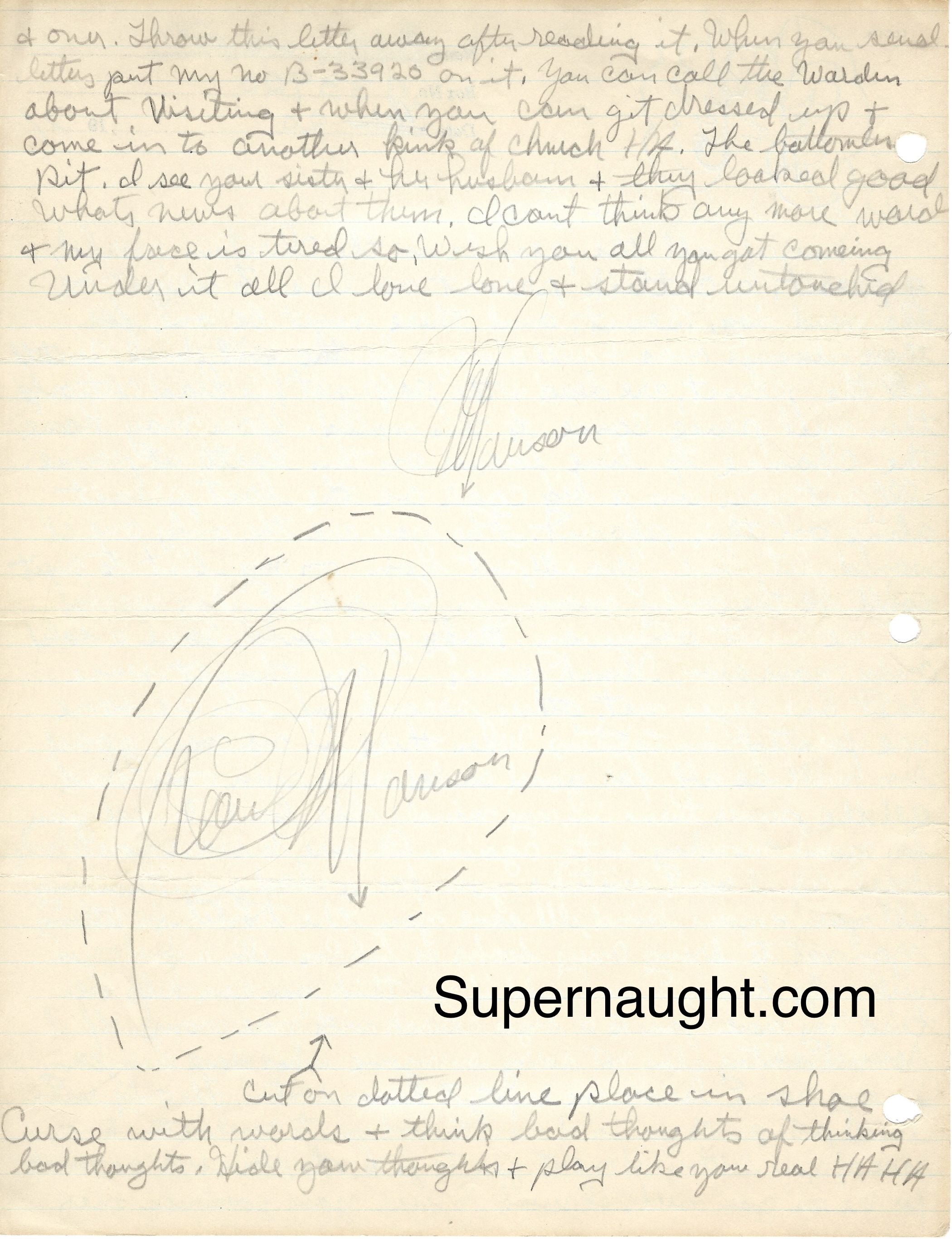Charles Manson 1971 Letter Signed 3 Times image 2
