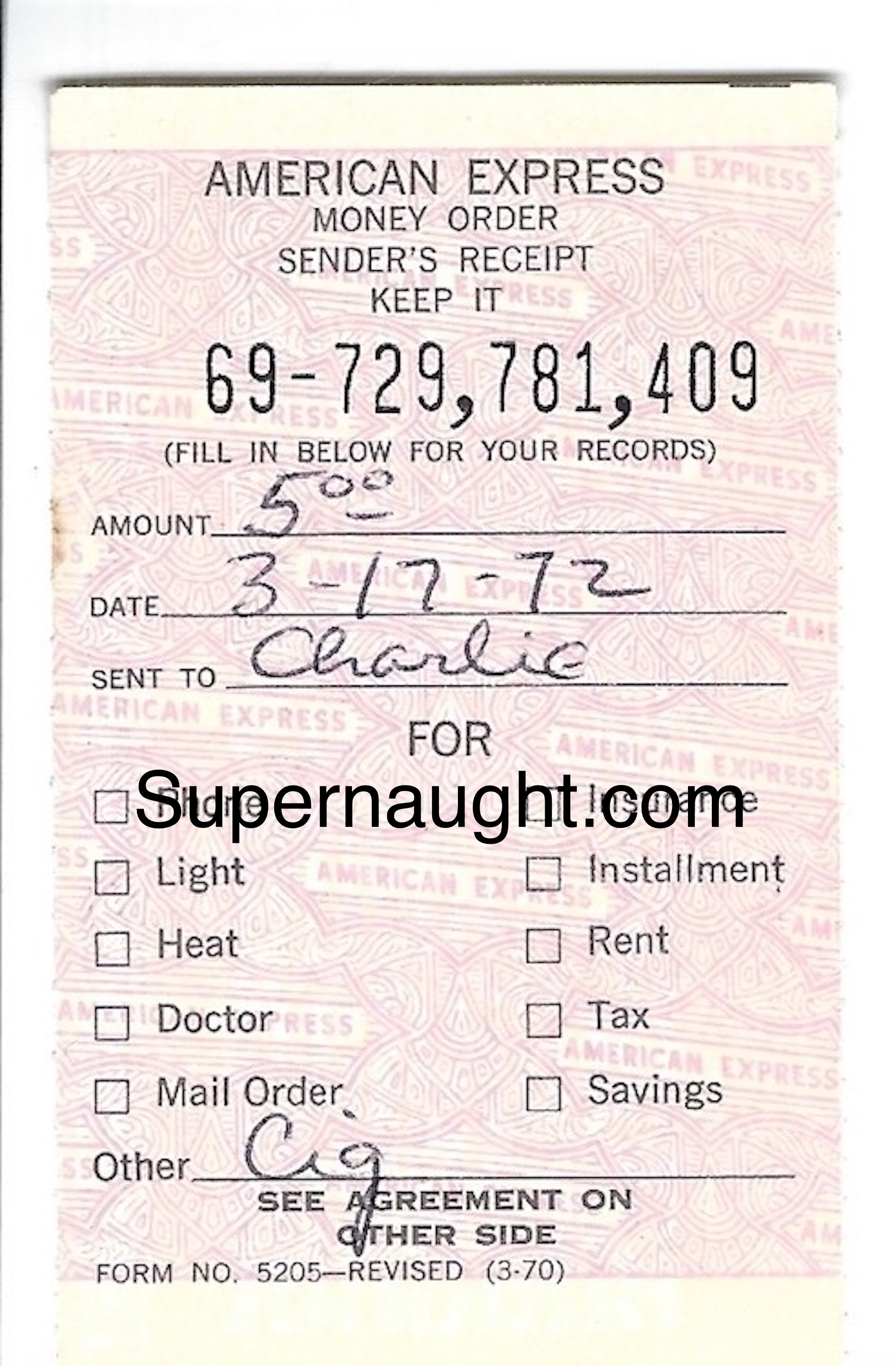 Charles Manson 1972 Money Order Receipt Death Row