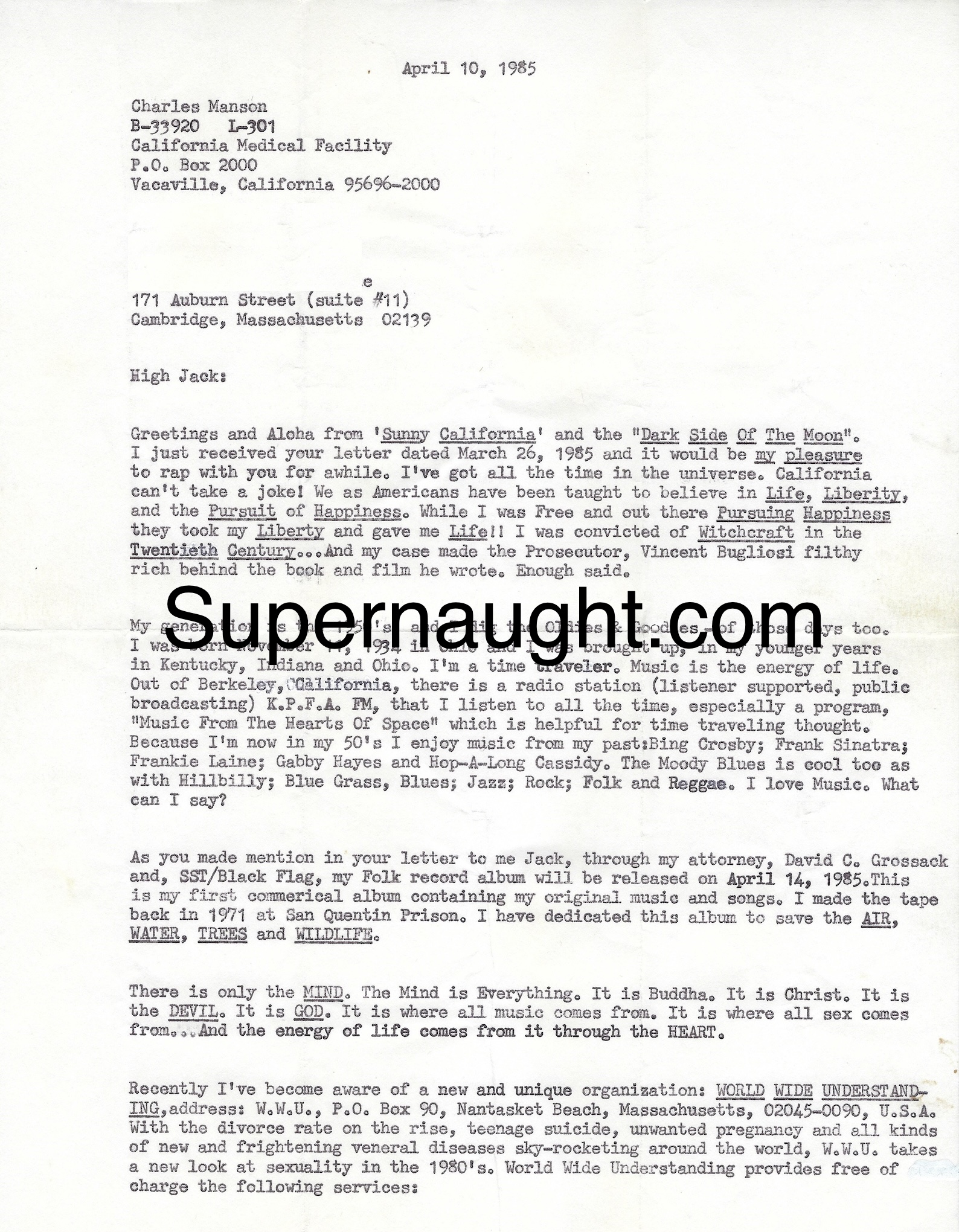 Charles Manson 1985 Letter and Envelope Set Signed