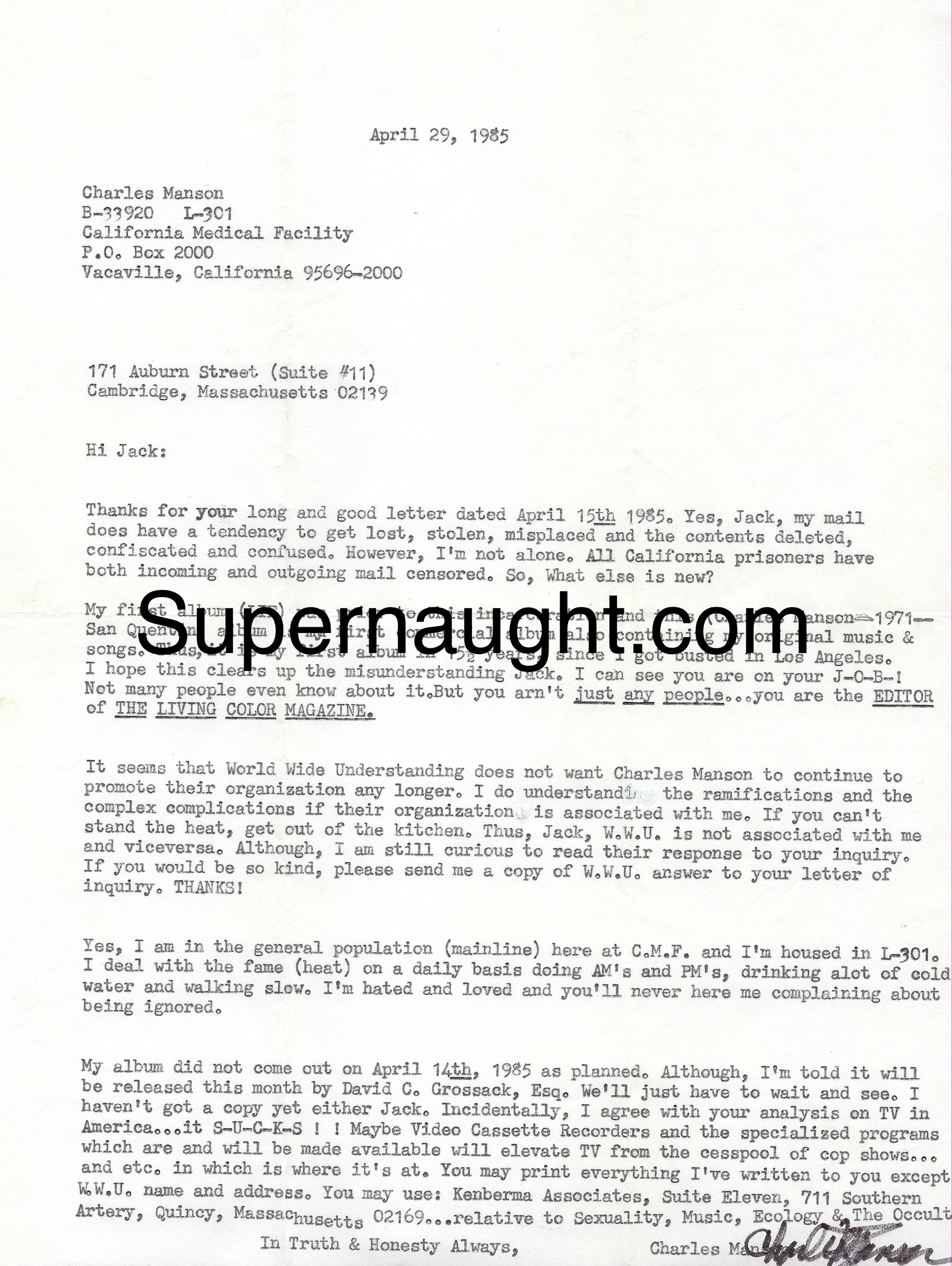 Charles Manson 1985 Letter and Envelope Signed