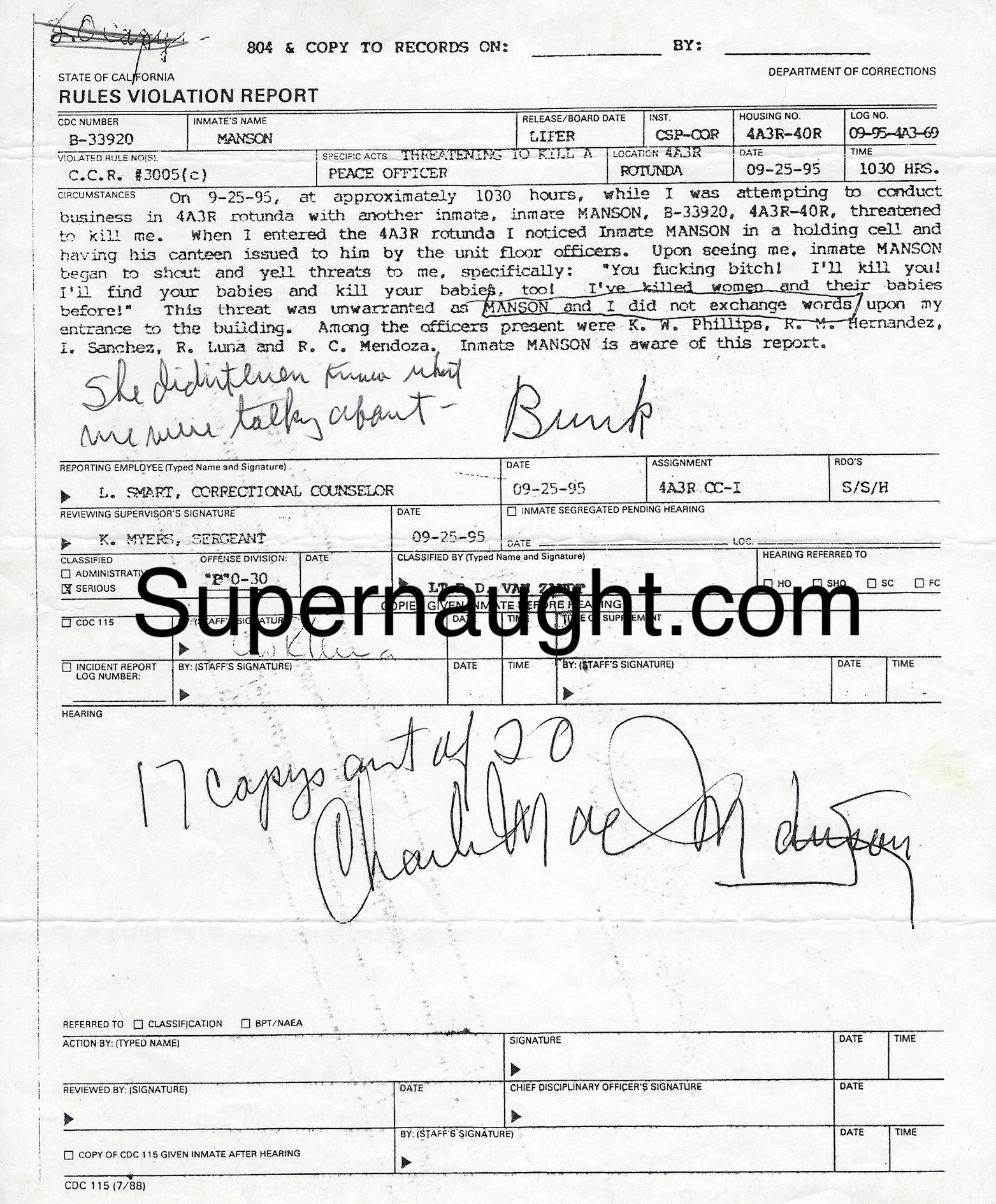Charles Manson 1995 Signed Rules Violation Report
