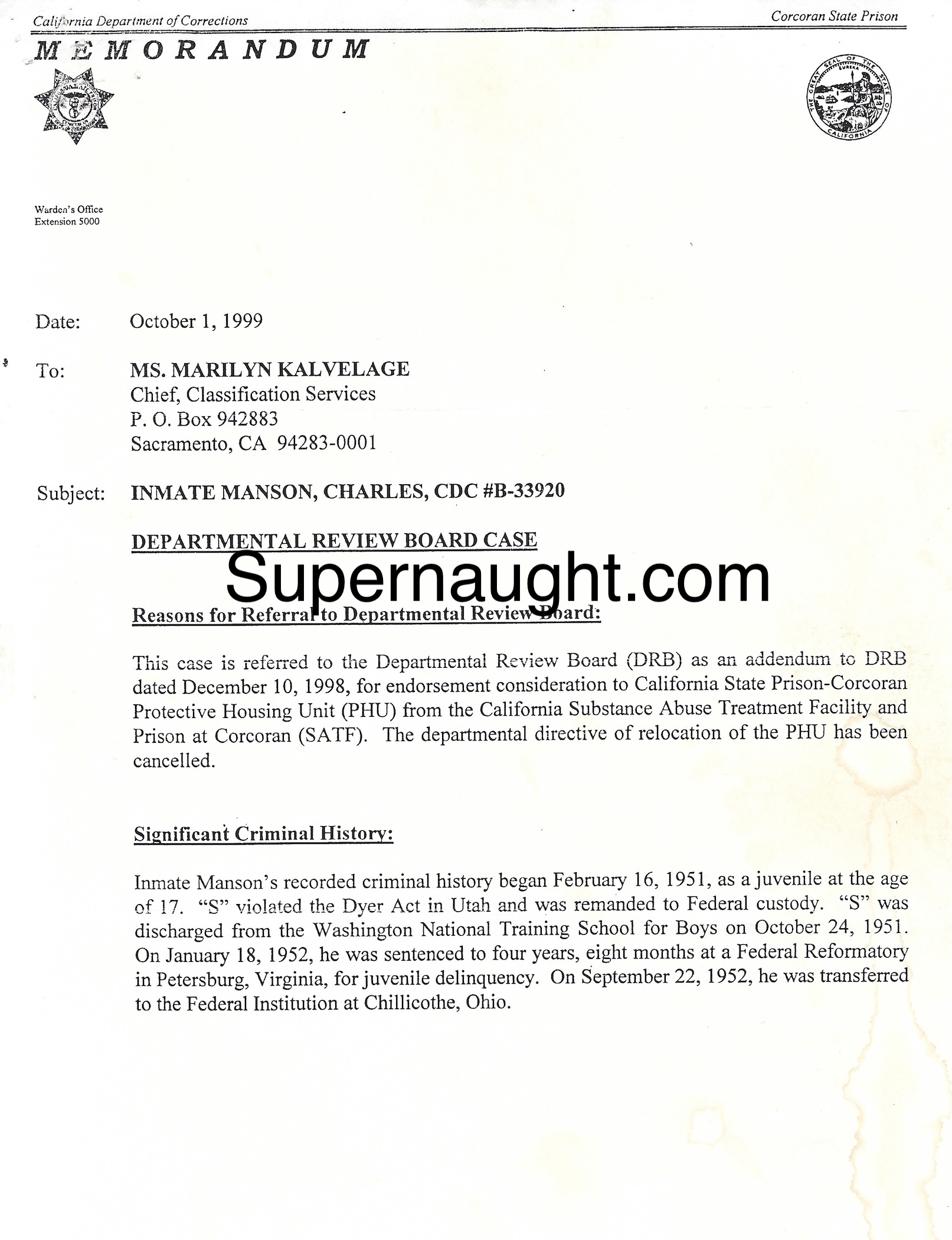 Charles Manson 1999 Criminal History Review Board Signed image 3