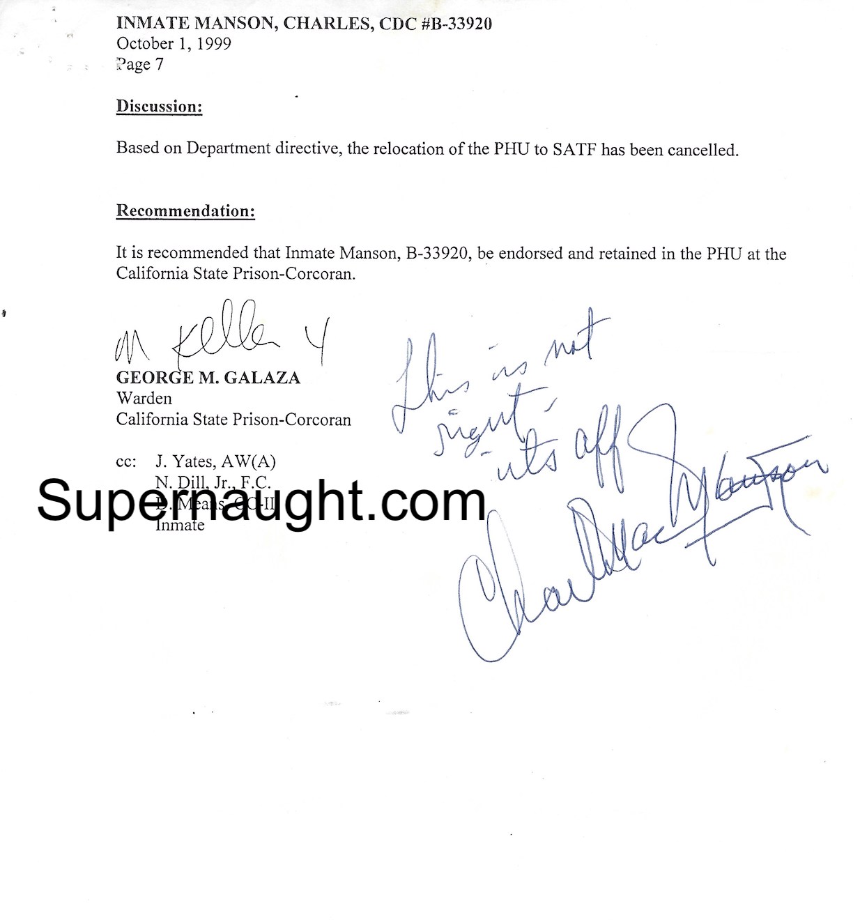 Charles Manson 1999 Criminal History Review Board Signed image 2