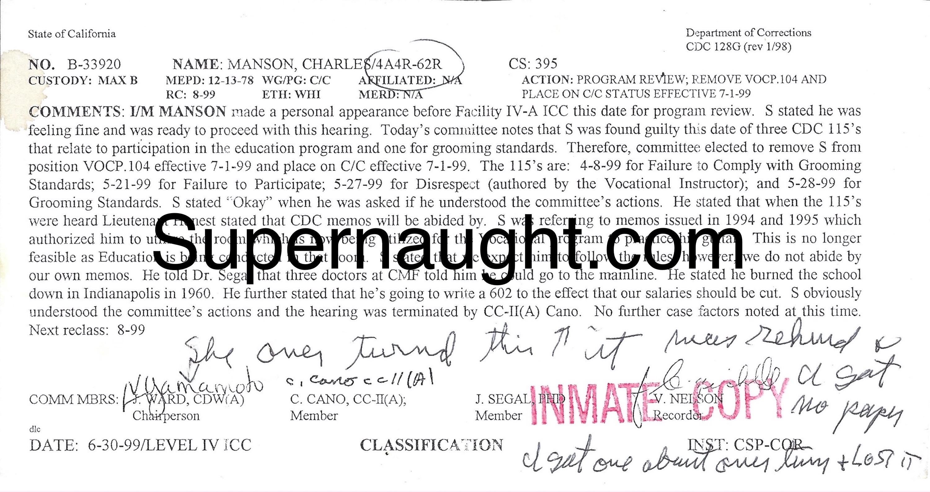 Charles Manson 1999 Program Review with His Handwriting
