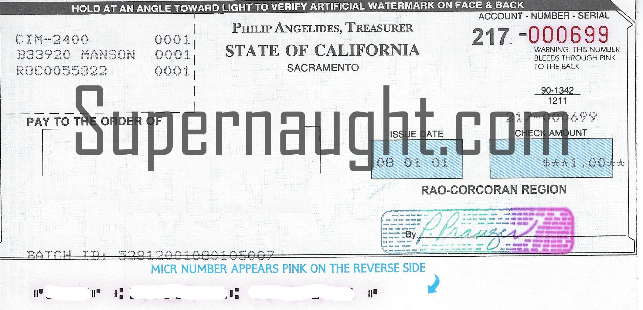 Charles Manson August 2001 Prison Issued Check