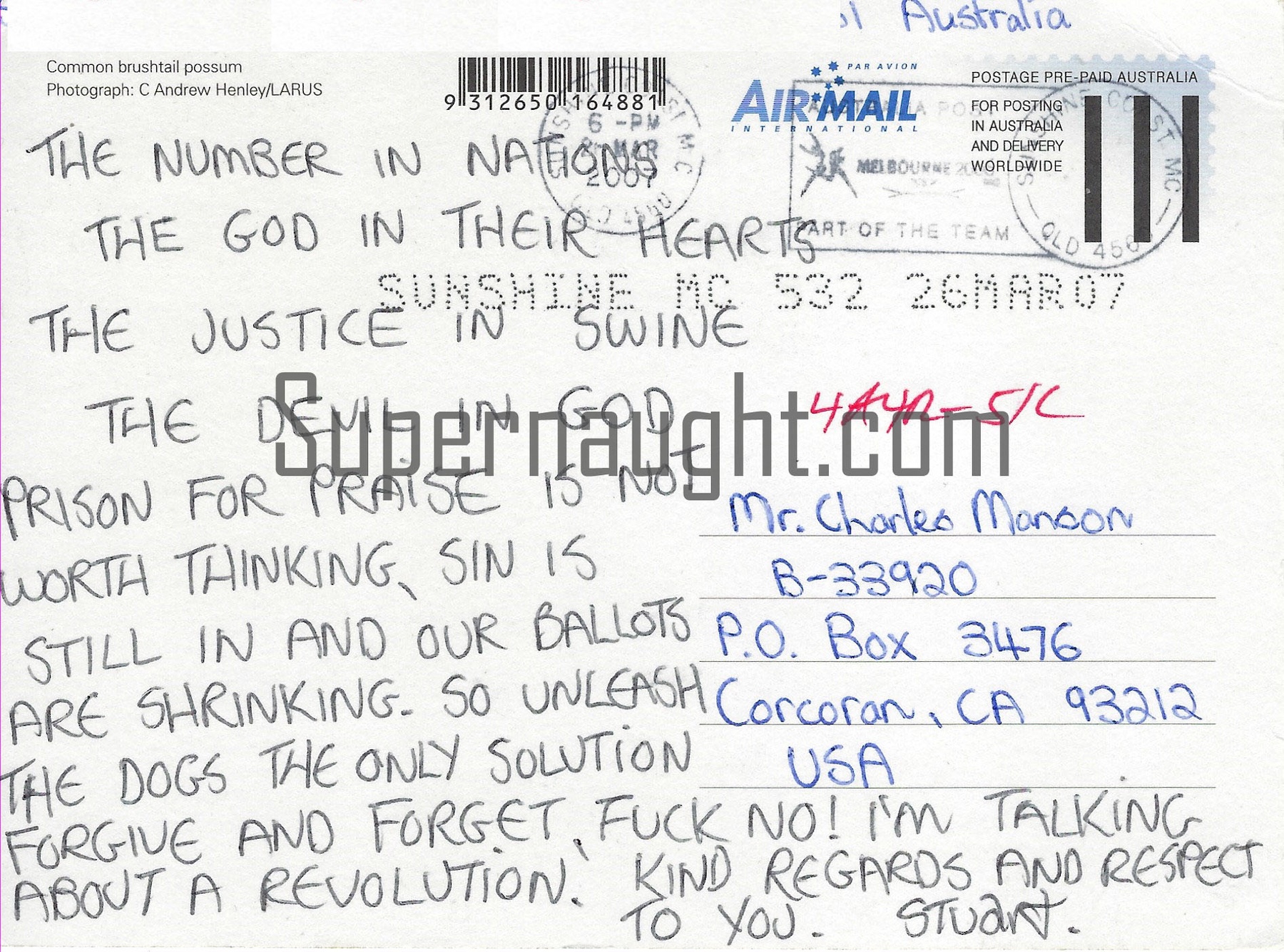 Charles Manson Australia Postcard Signed image 2