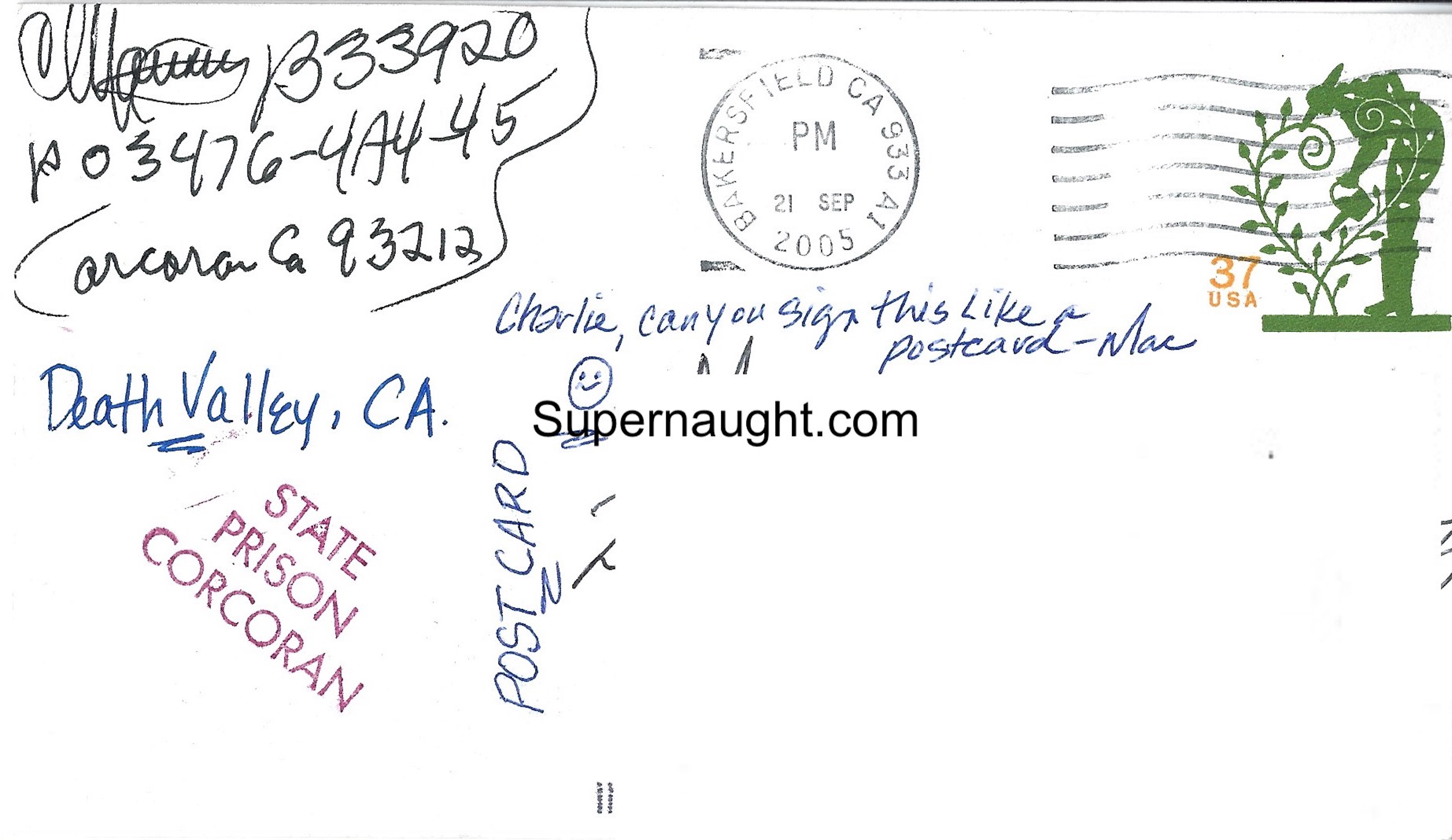 Charles Manson Autographed Barker Ranch Photo Postcard