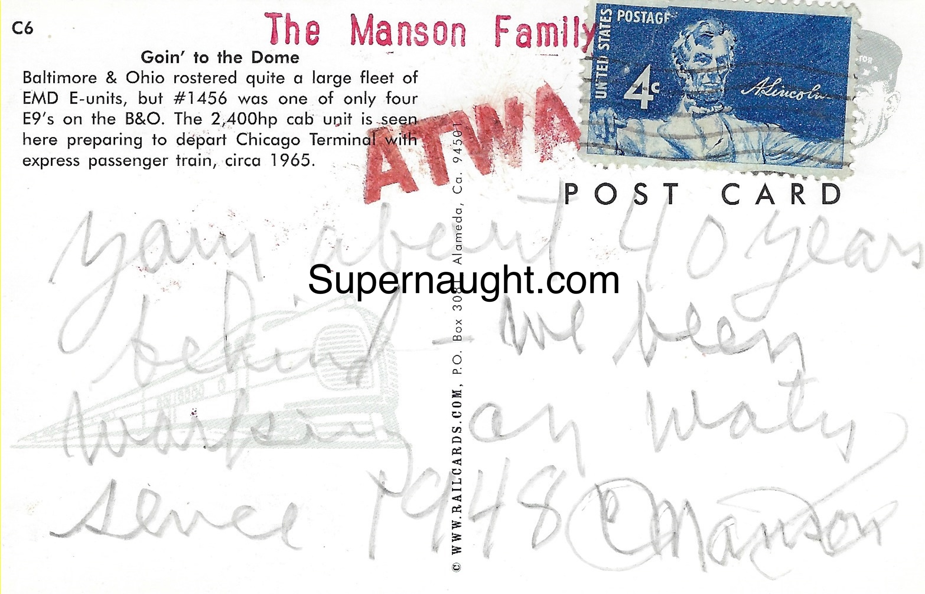 Charles Manson Autographed B&O Railroad Postcard