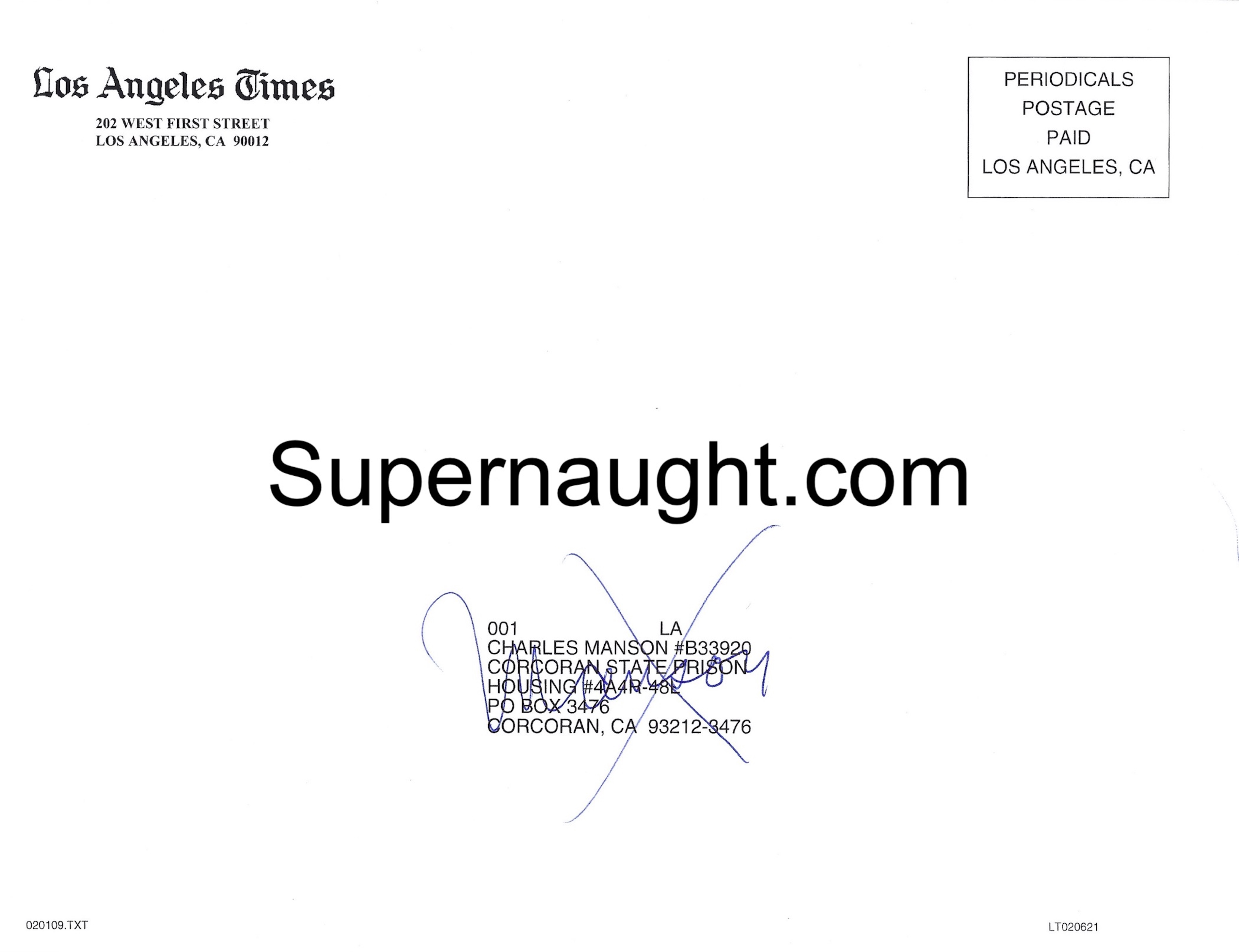 Charles Manson Autographed LA Times Label