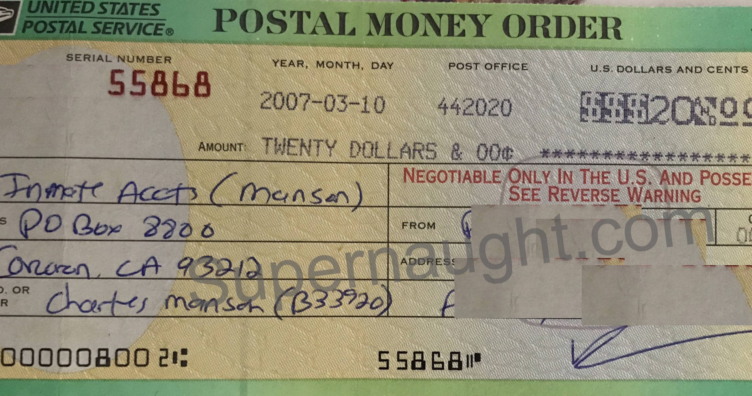 Charles Manson Autographed USPS Money Order Rare image 2