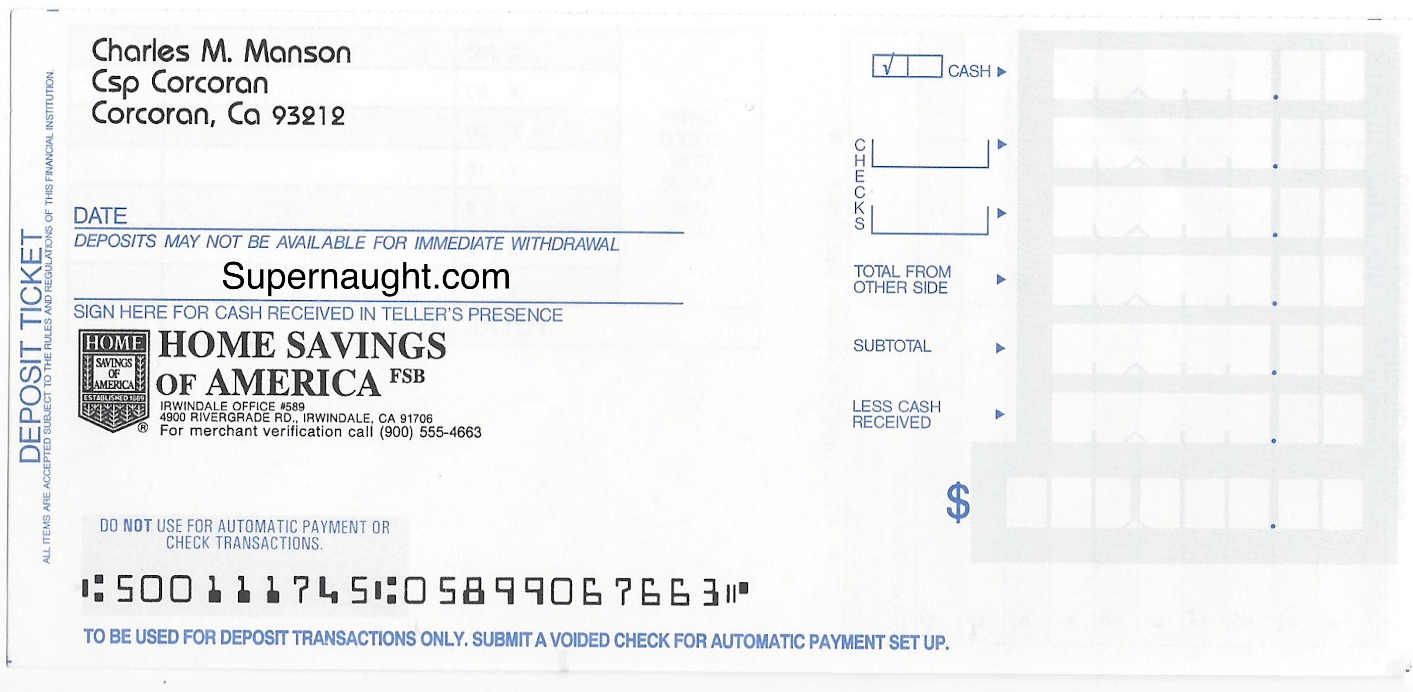 Charles Manson Bank Account Deposit Slip