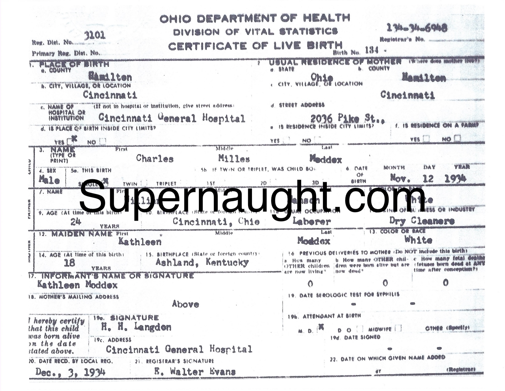Charles Manson Birth Certificate Copy