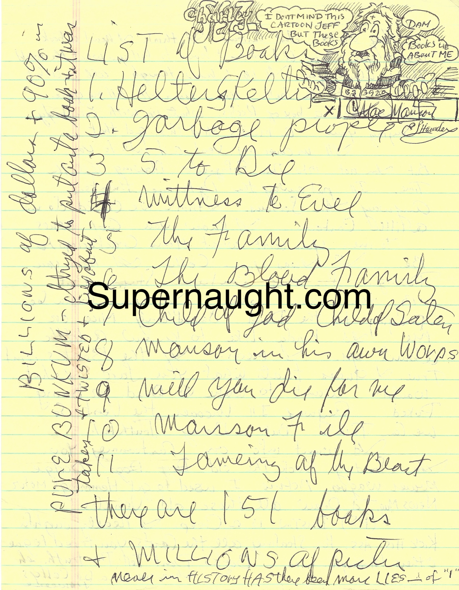 Charles Manson Cartoon with List of Case Related Books Signed