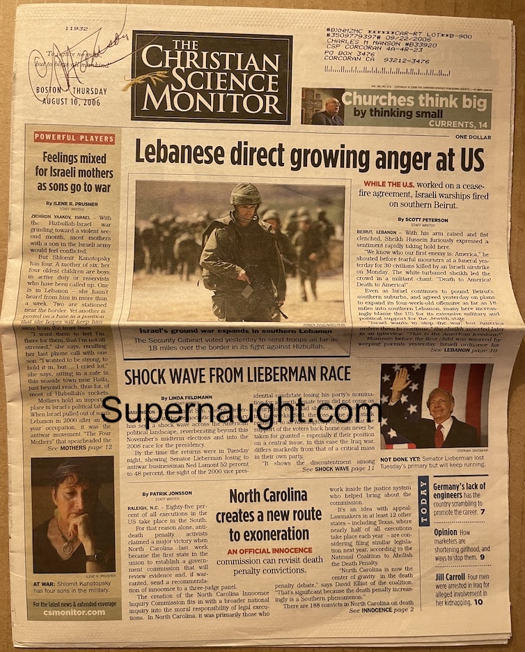 Charles Manson Christian Science Monitor Signed