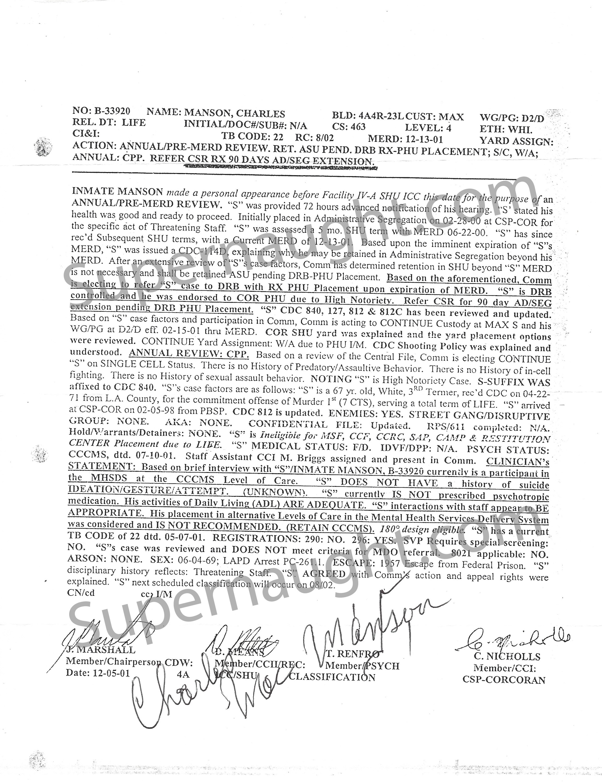 Charles Manson Classification Review Signed