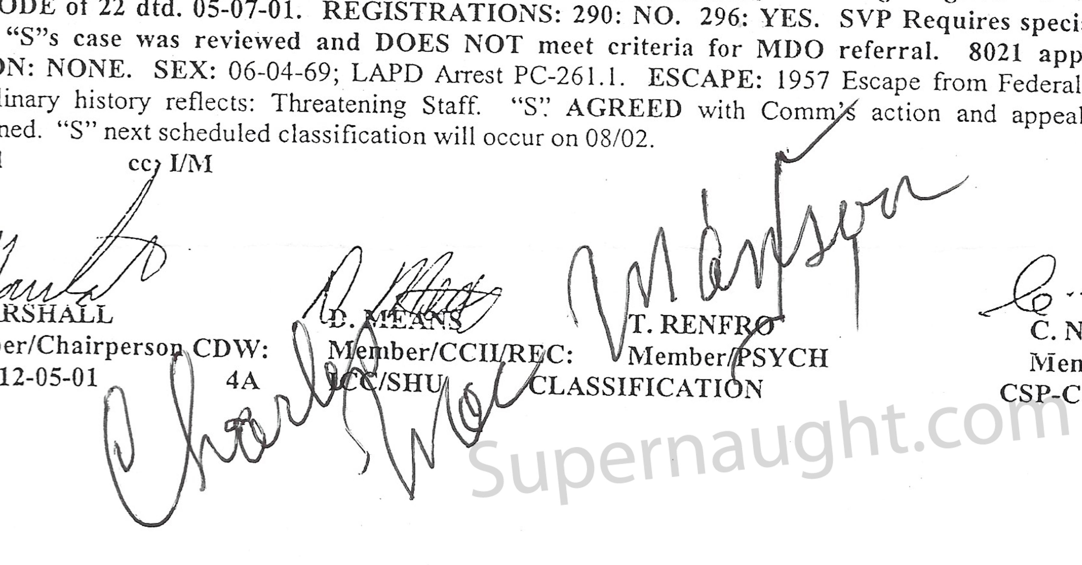Charles Manson Classification Review Signed image 2