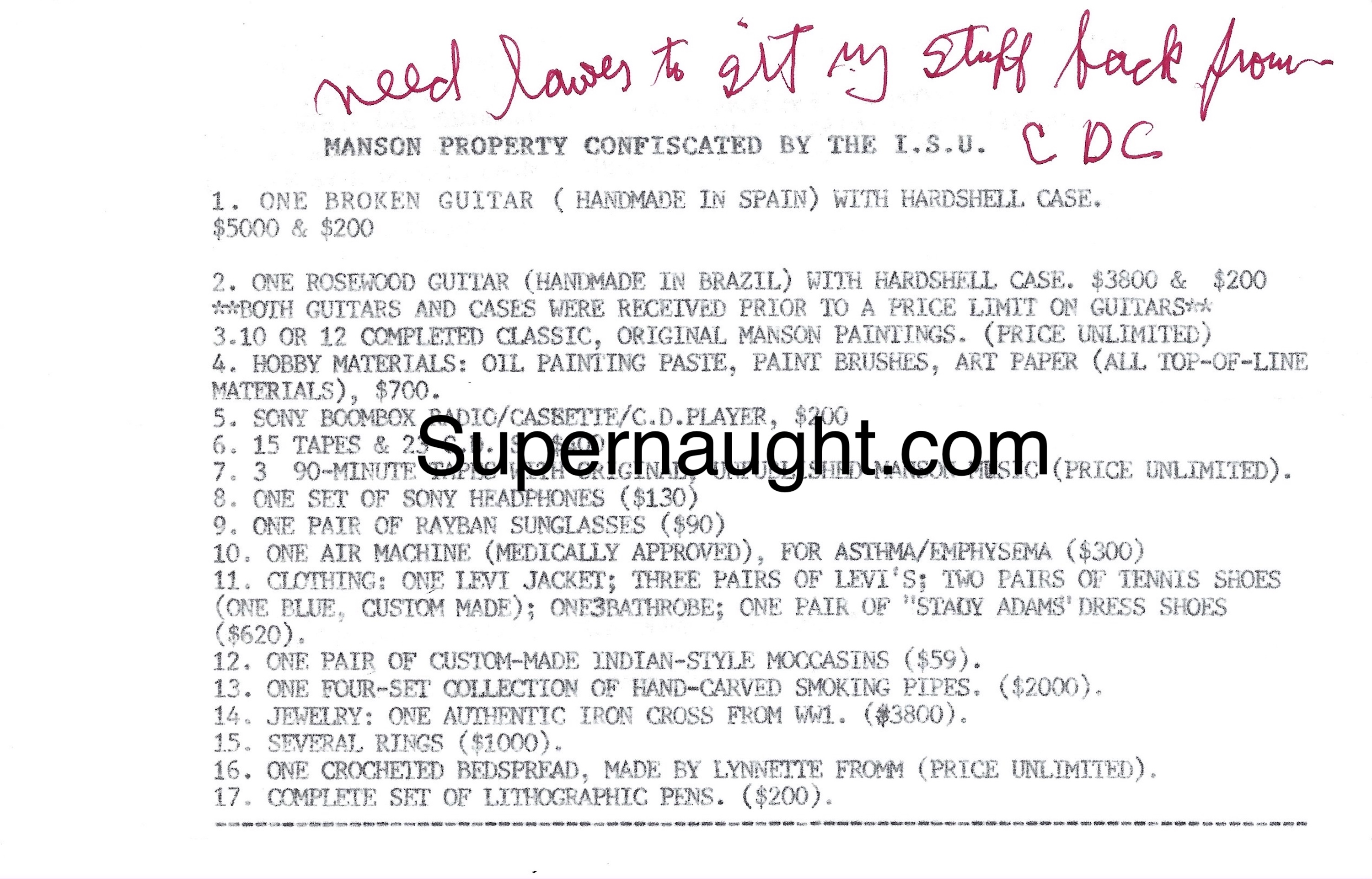 Charles Manson Confiscated Property With His Handwriting