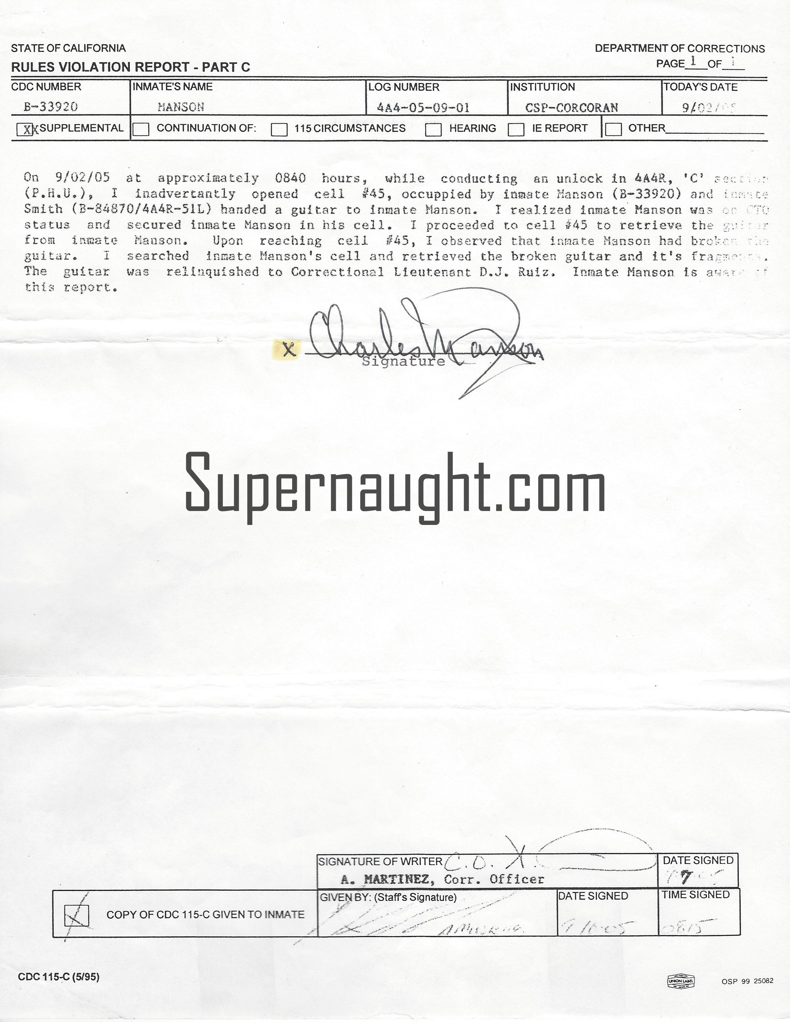 Charles Manson Destruction of Personal Property Signed