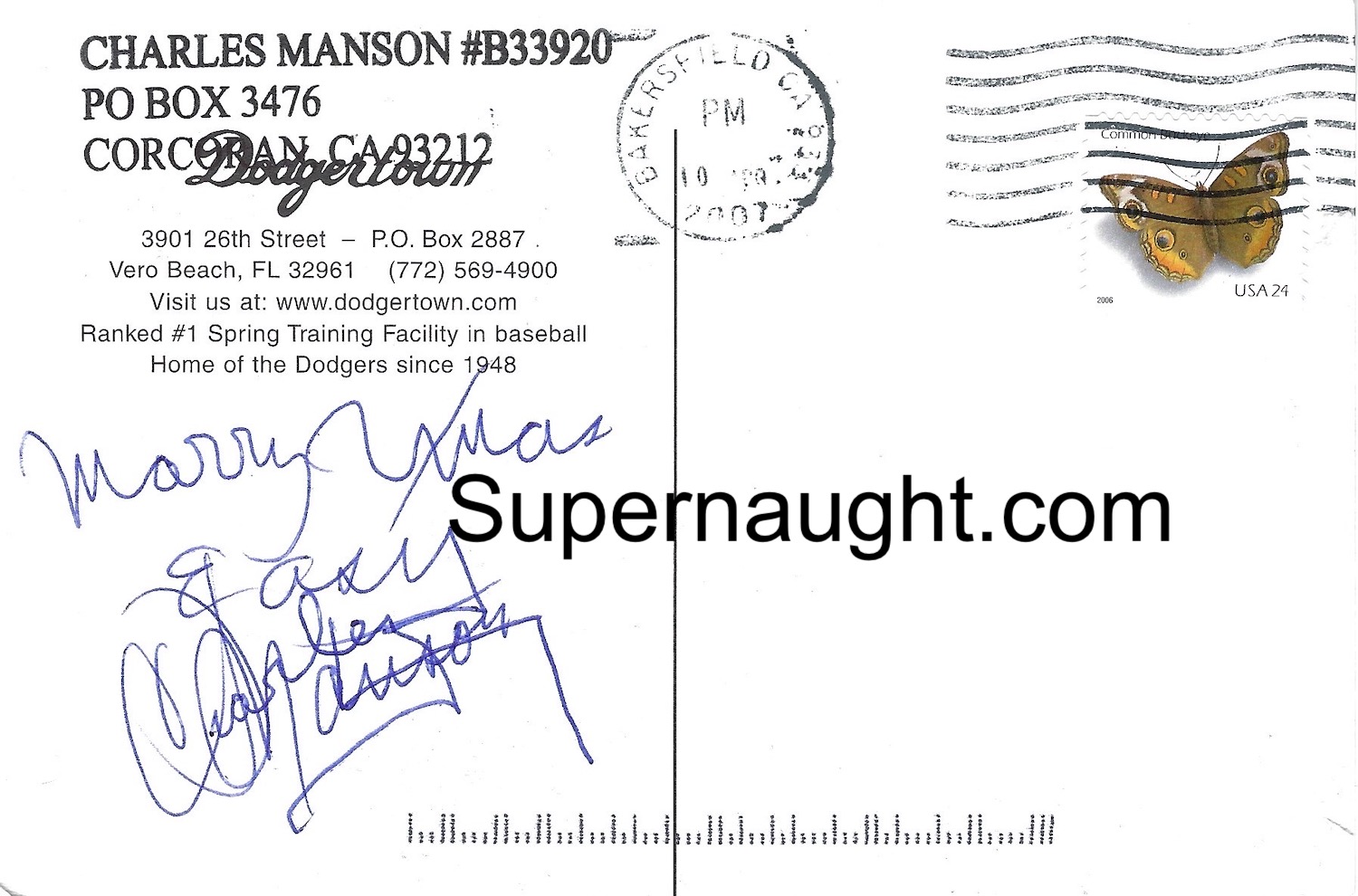 Charles Manson Dodgers Postcard Signed