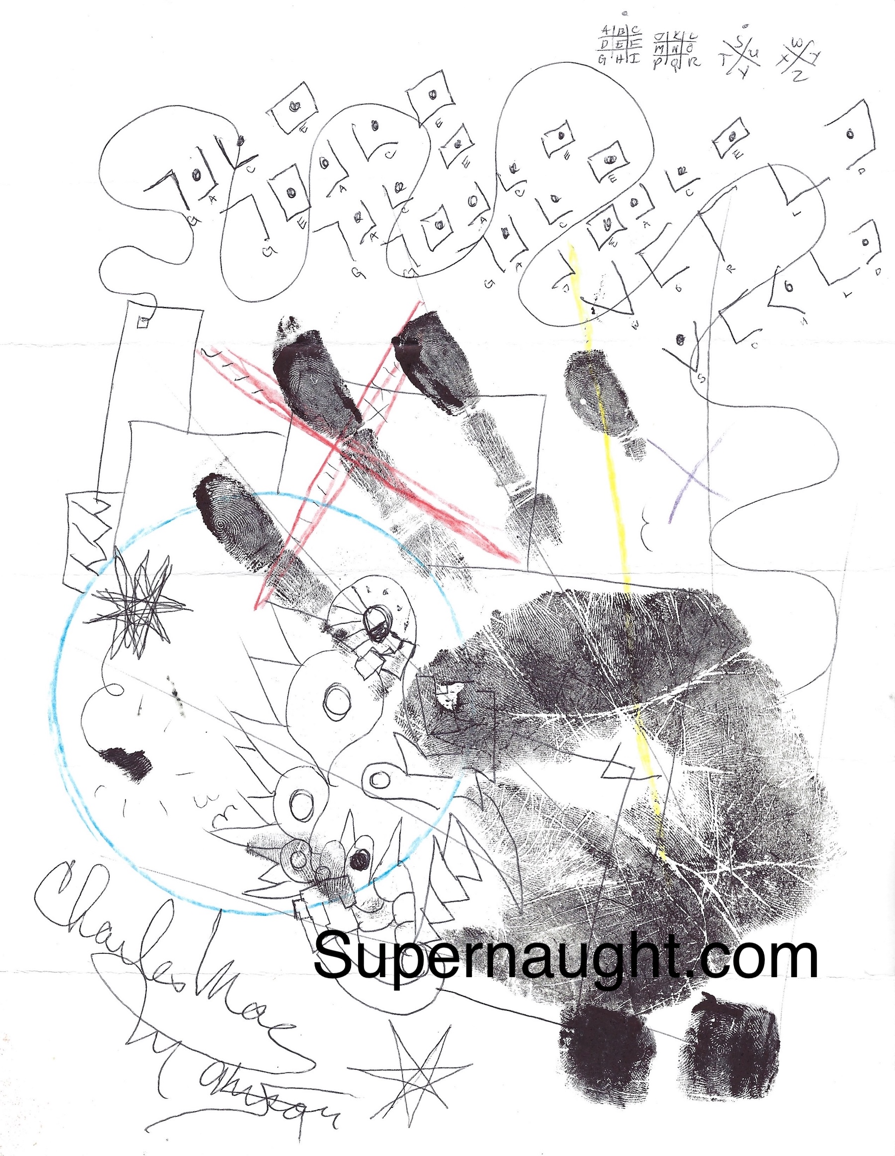 Charles Manson Double Sided Handprint and 2 Thumbprints Signed