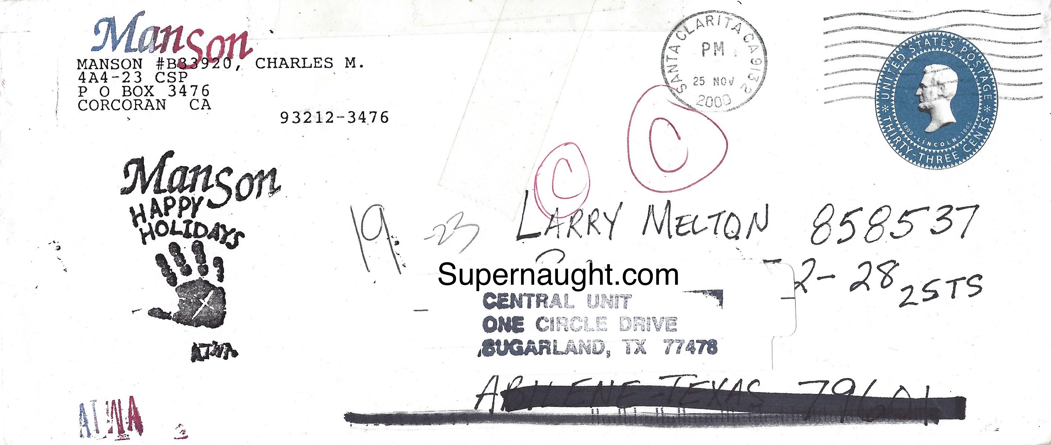 Charles Manson Envelope to Larry Melton