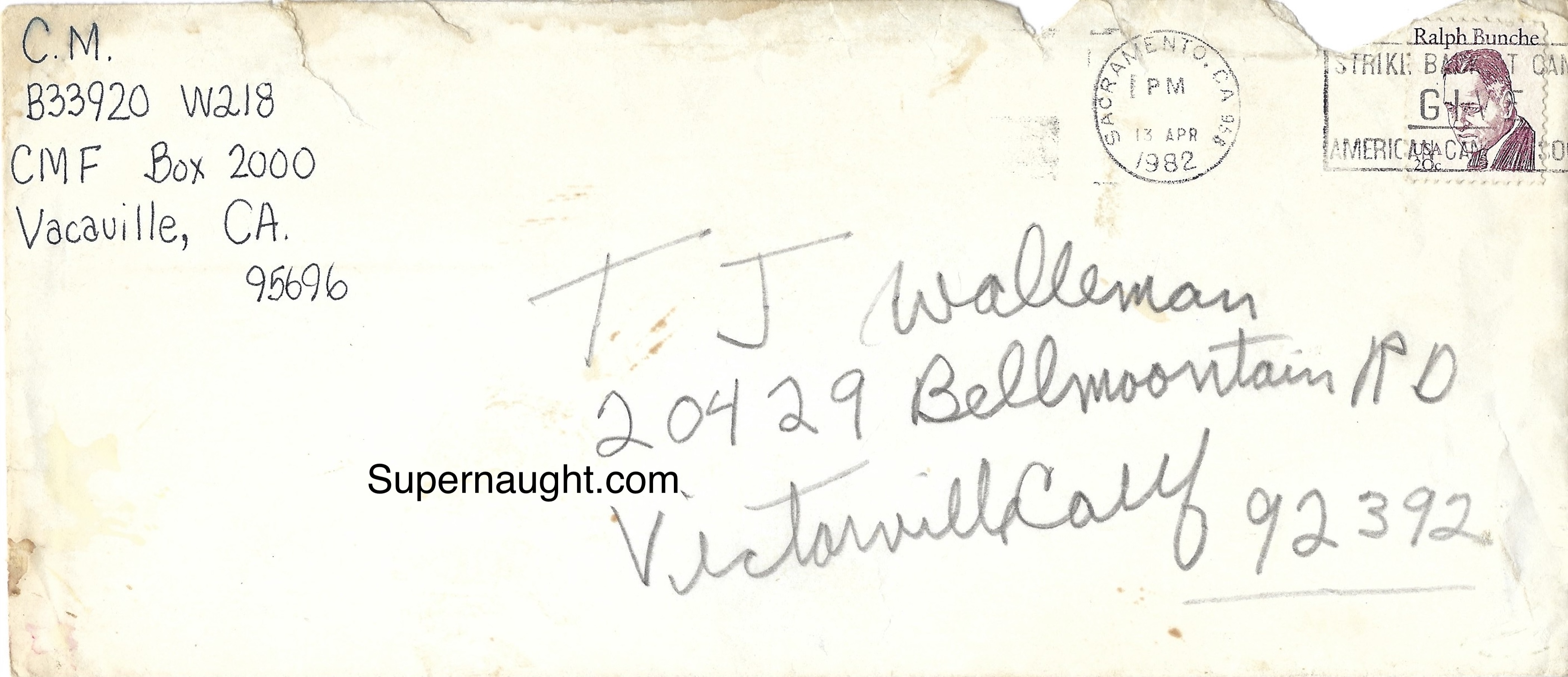 Charles Manson Envelope to TJ the Terrible 1982