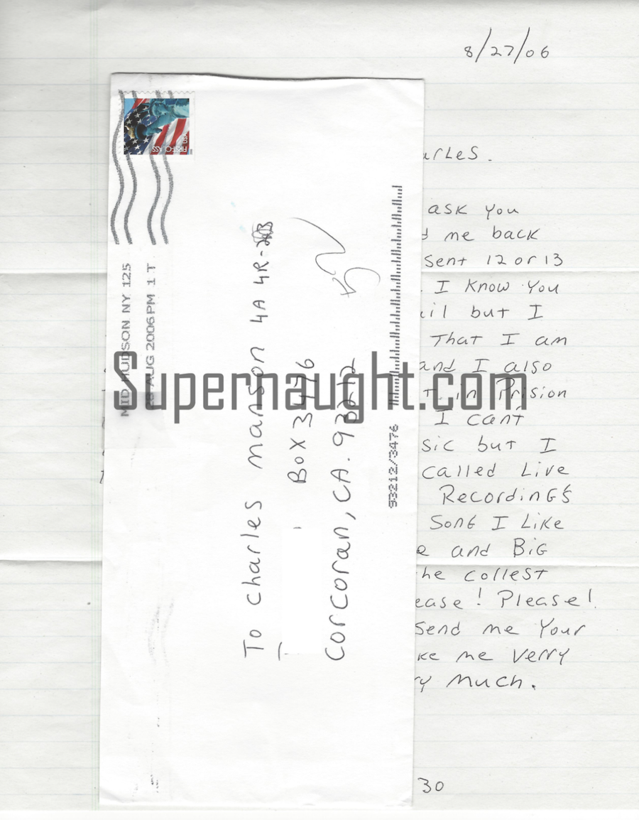 Charles Manson Fan Mail Letter And Envelope Set