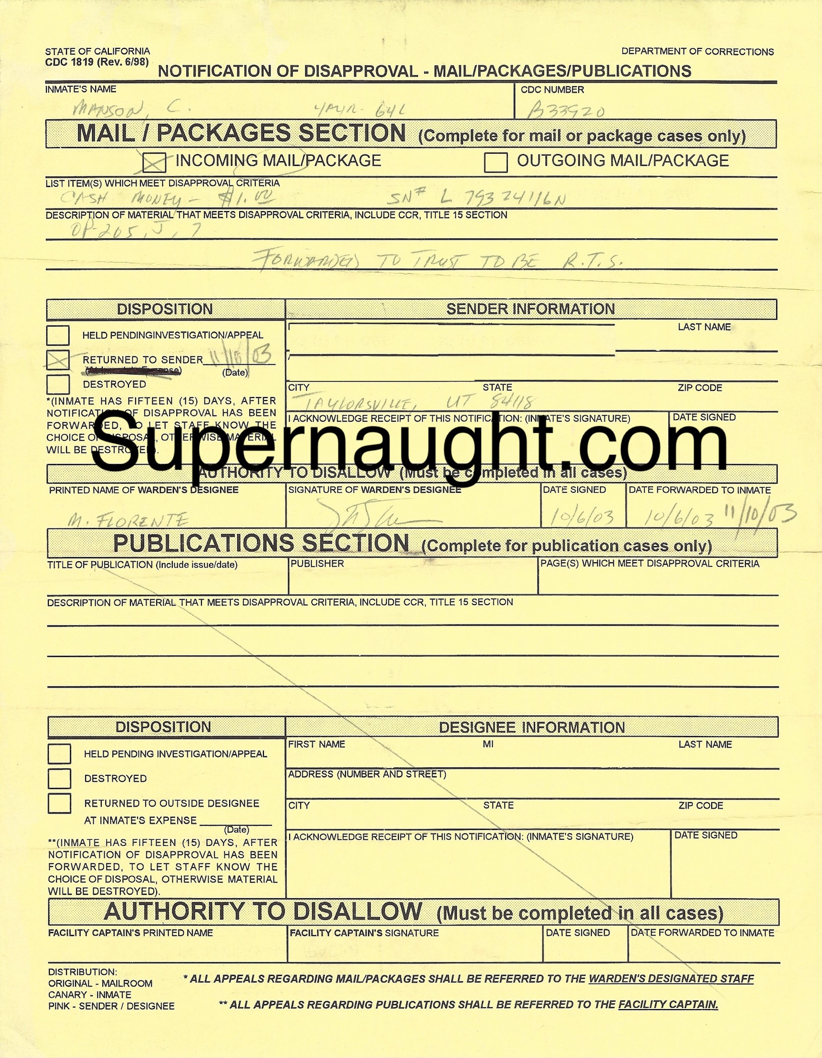 Charles Manson Inmate Copy Mail Refusal for Cash