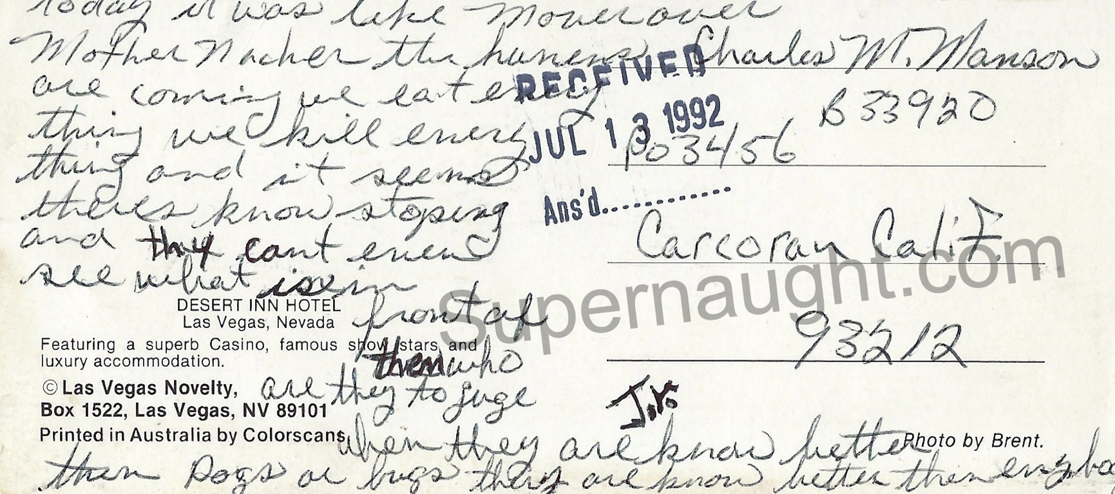 Charles Manson Desert Inn Las Vegas Postcard From Pen Pal