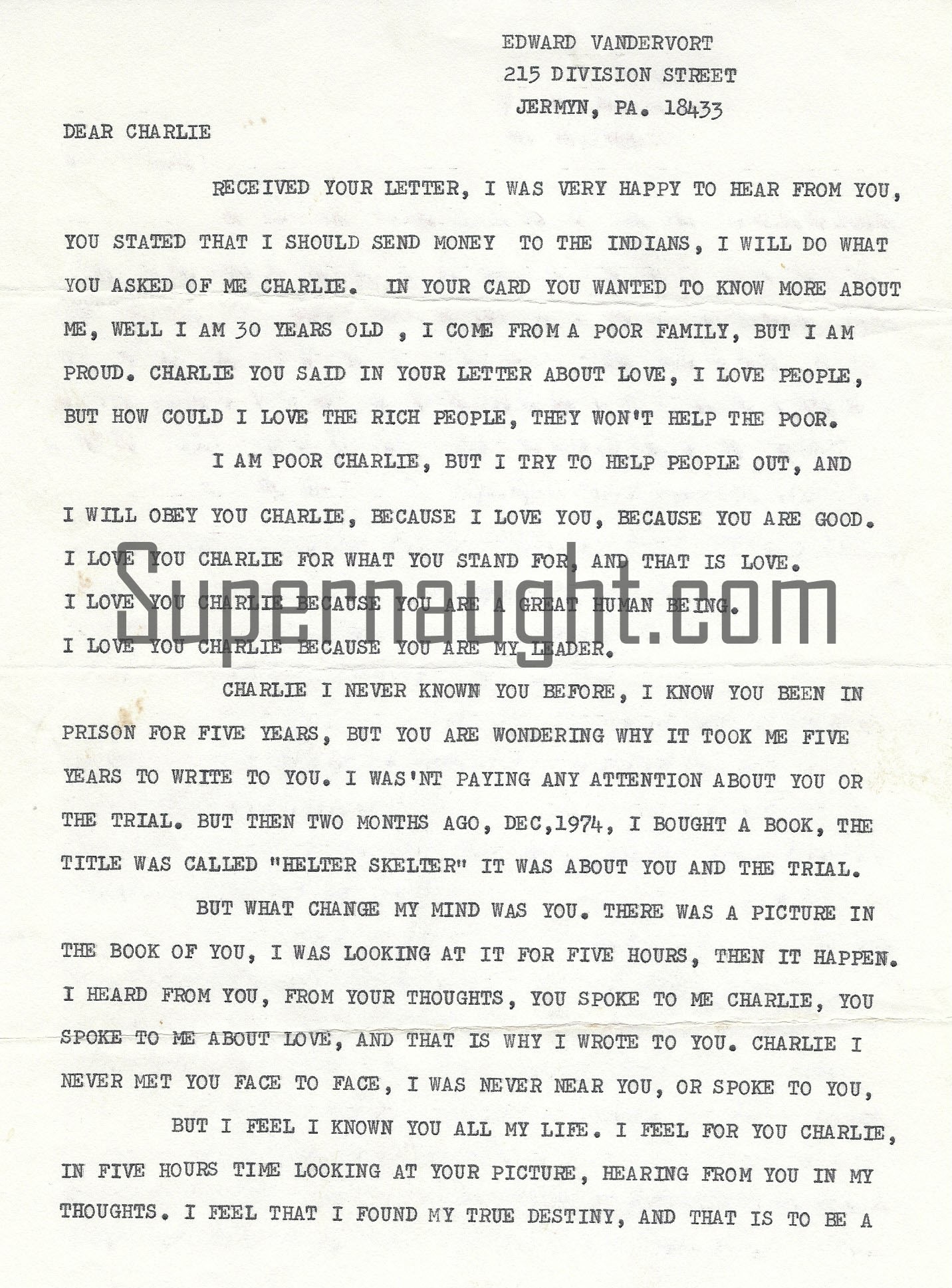 Charles Manson Letter From Edward G Vandervort