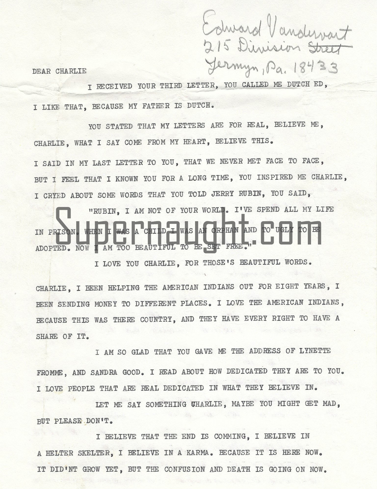 Charles Manson Letter From Edward Vandervort Signed