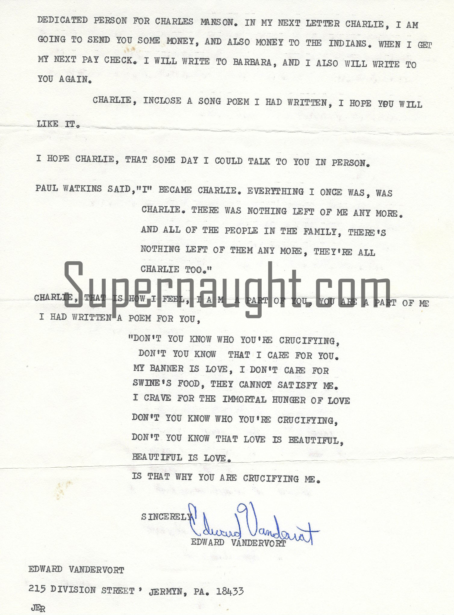 Charles Manson Letter From Edward Vandervort Signed image 2
