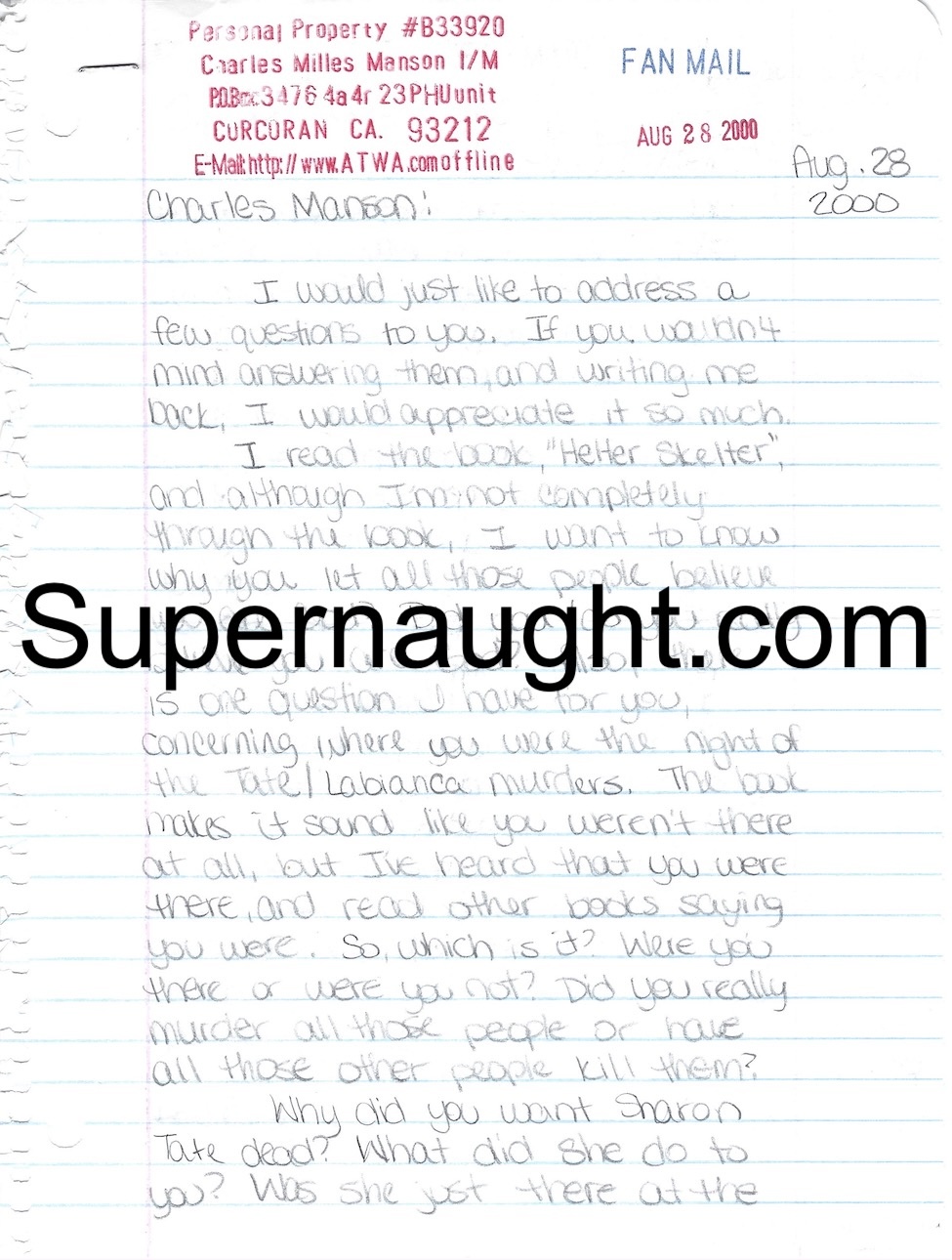 Charles Manson Letter from Teen to Manson With His Writing