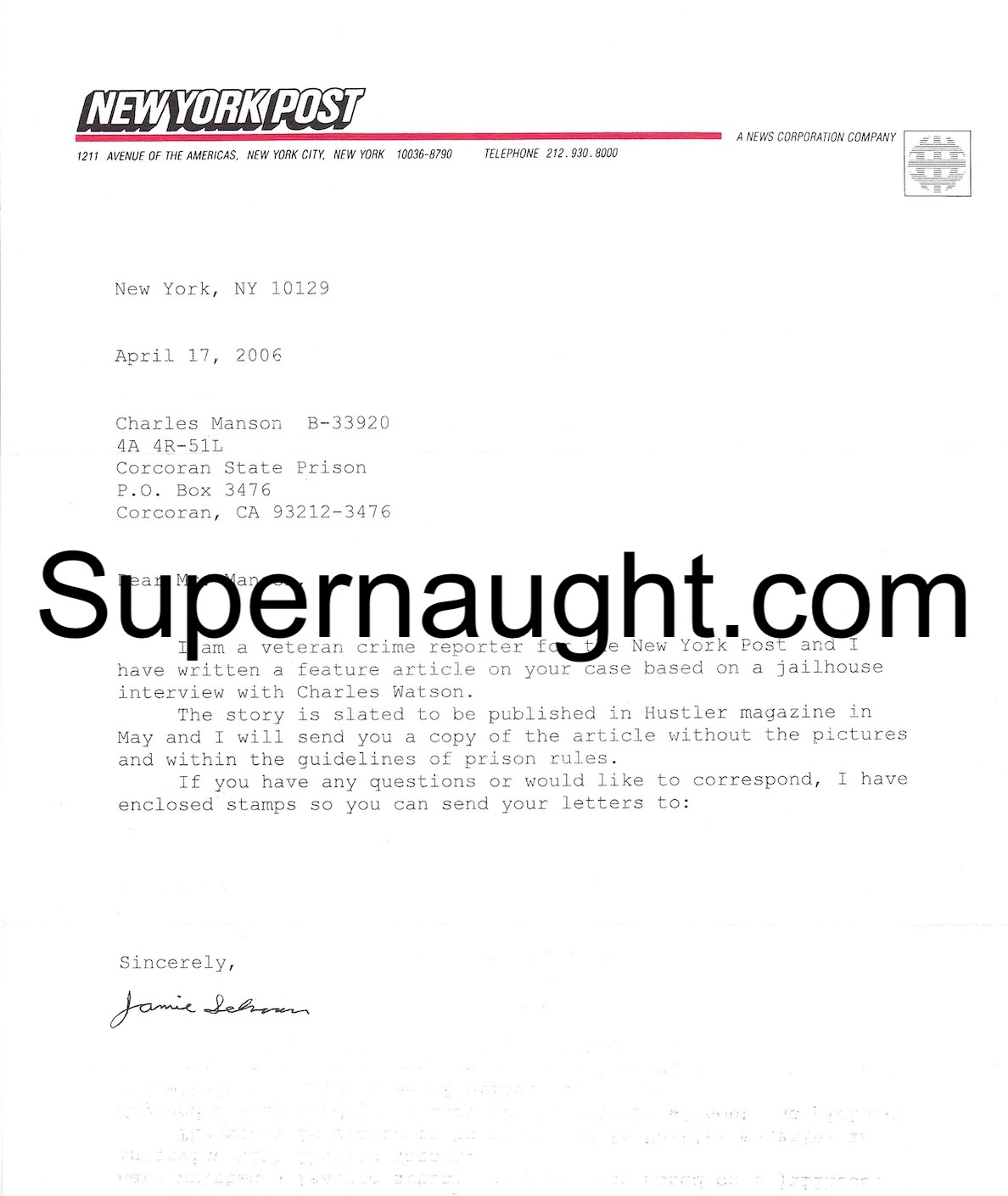Charles Manson Letter from the NY Post with Envelope