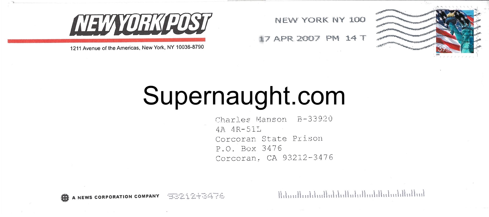Charles Manson Letter from the NY Post with Envelope image 2