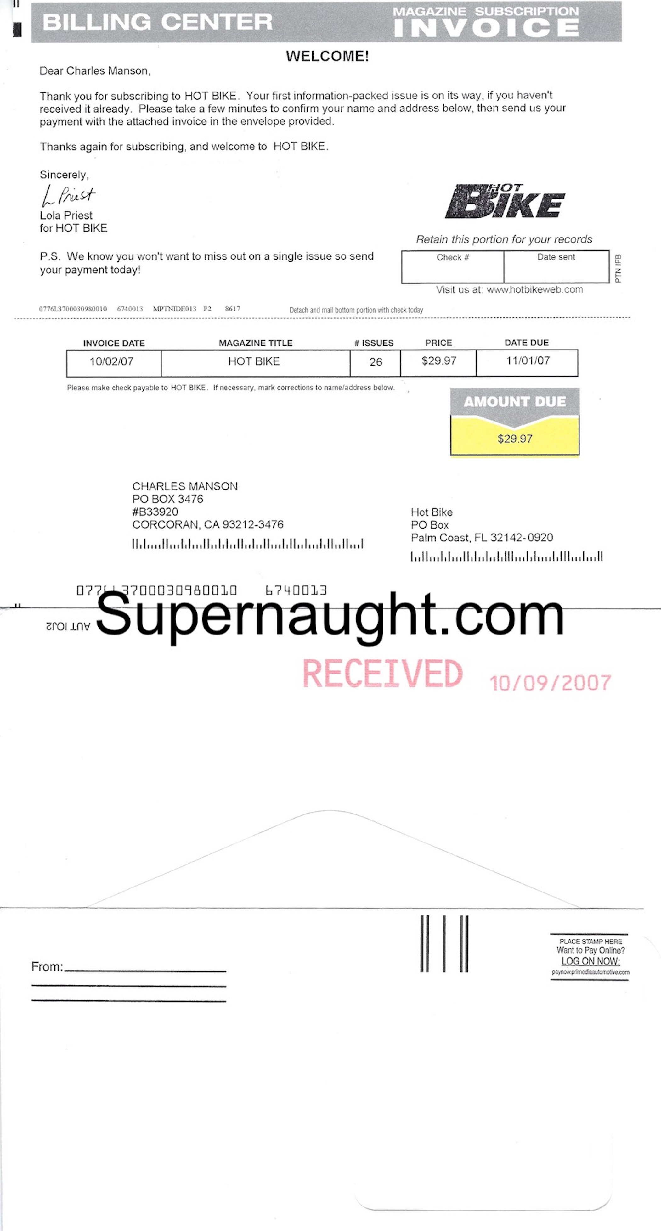 Charles Manson Magazine Renewal Form with Envelope