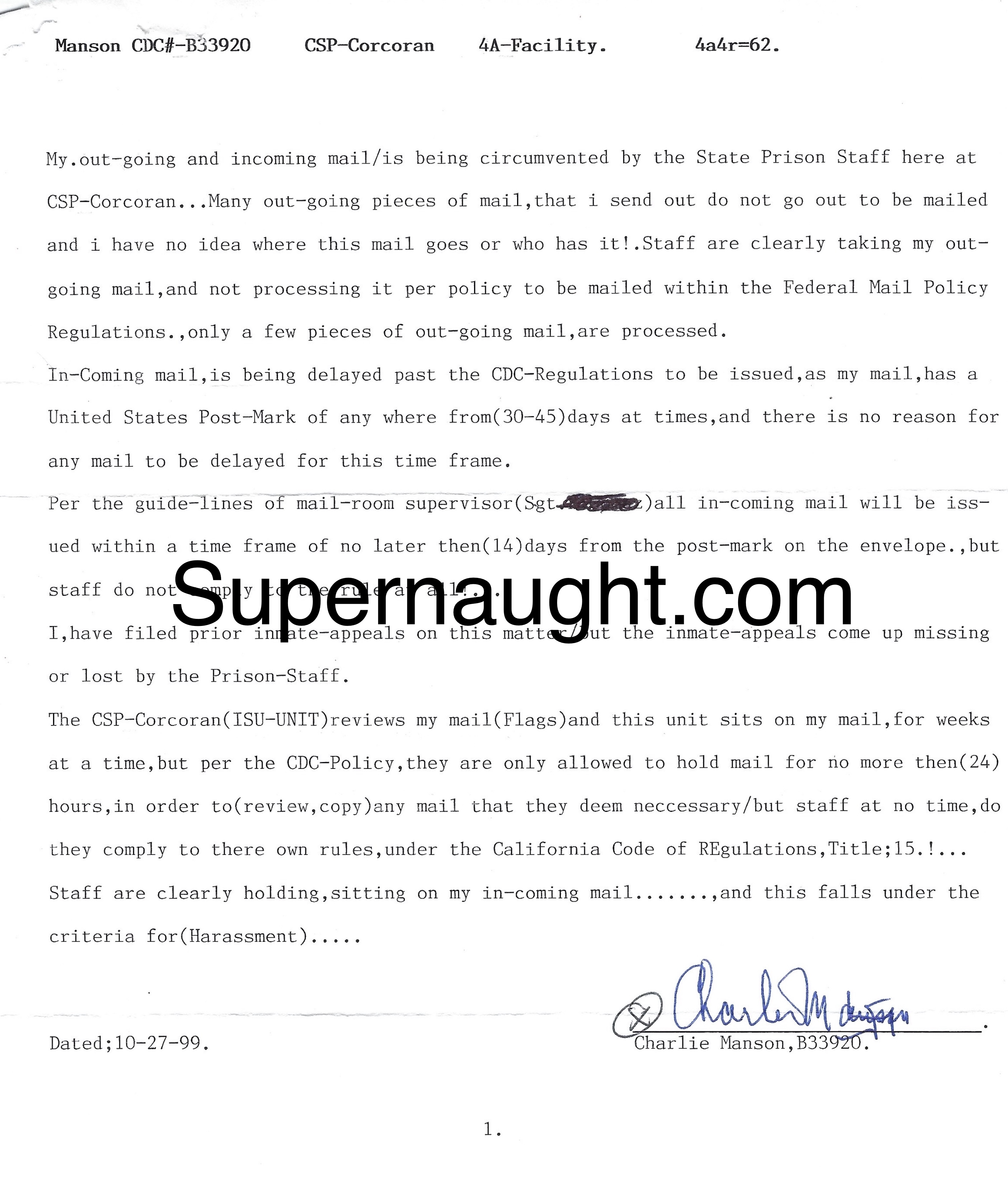 Charles Manson Mailroom Inquiry Signed