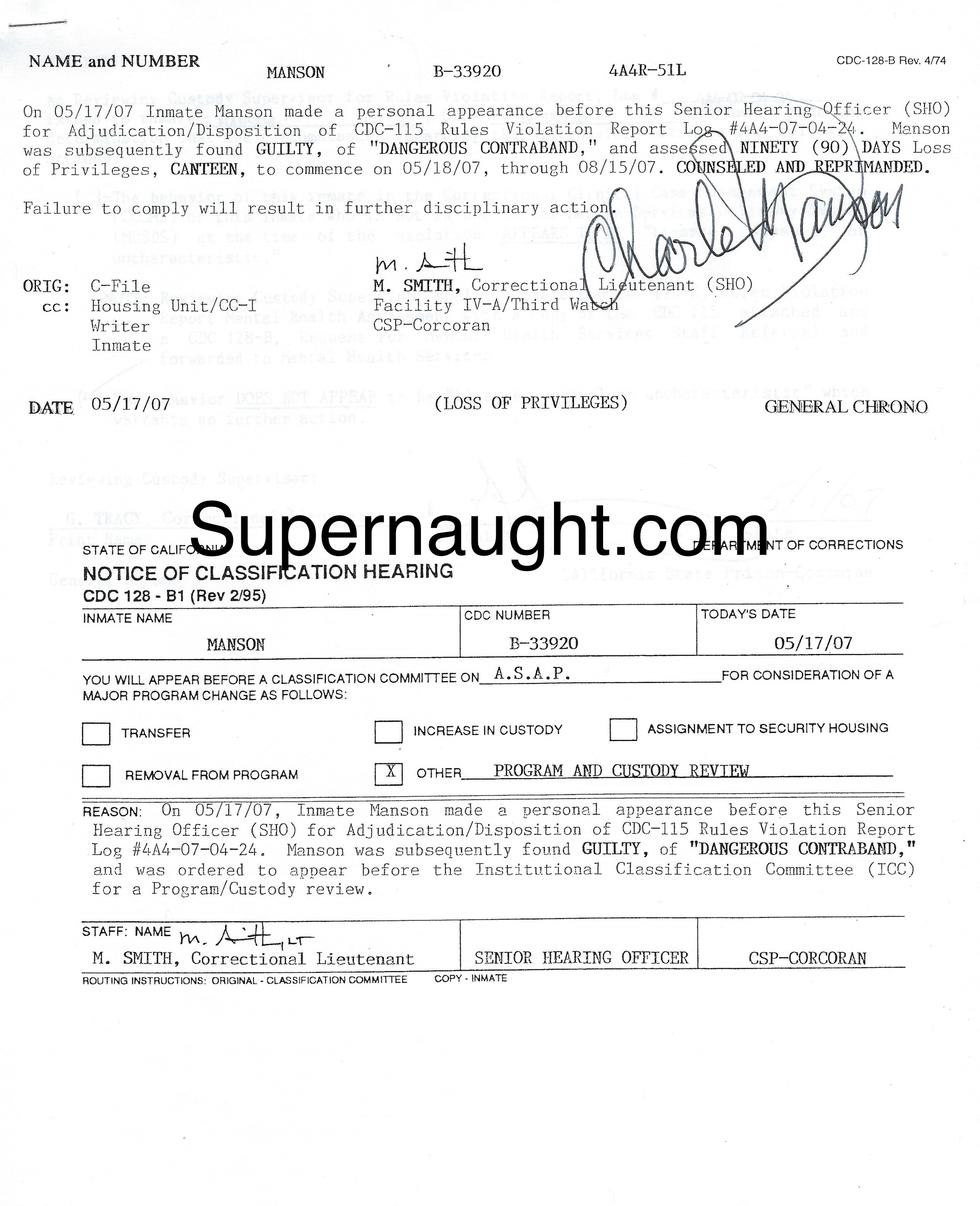 Charles Manson May 2007 Classification Hearing Signed