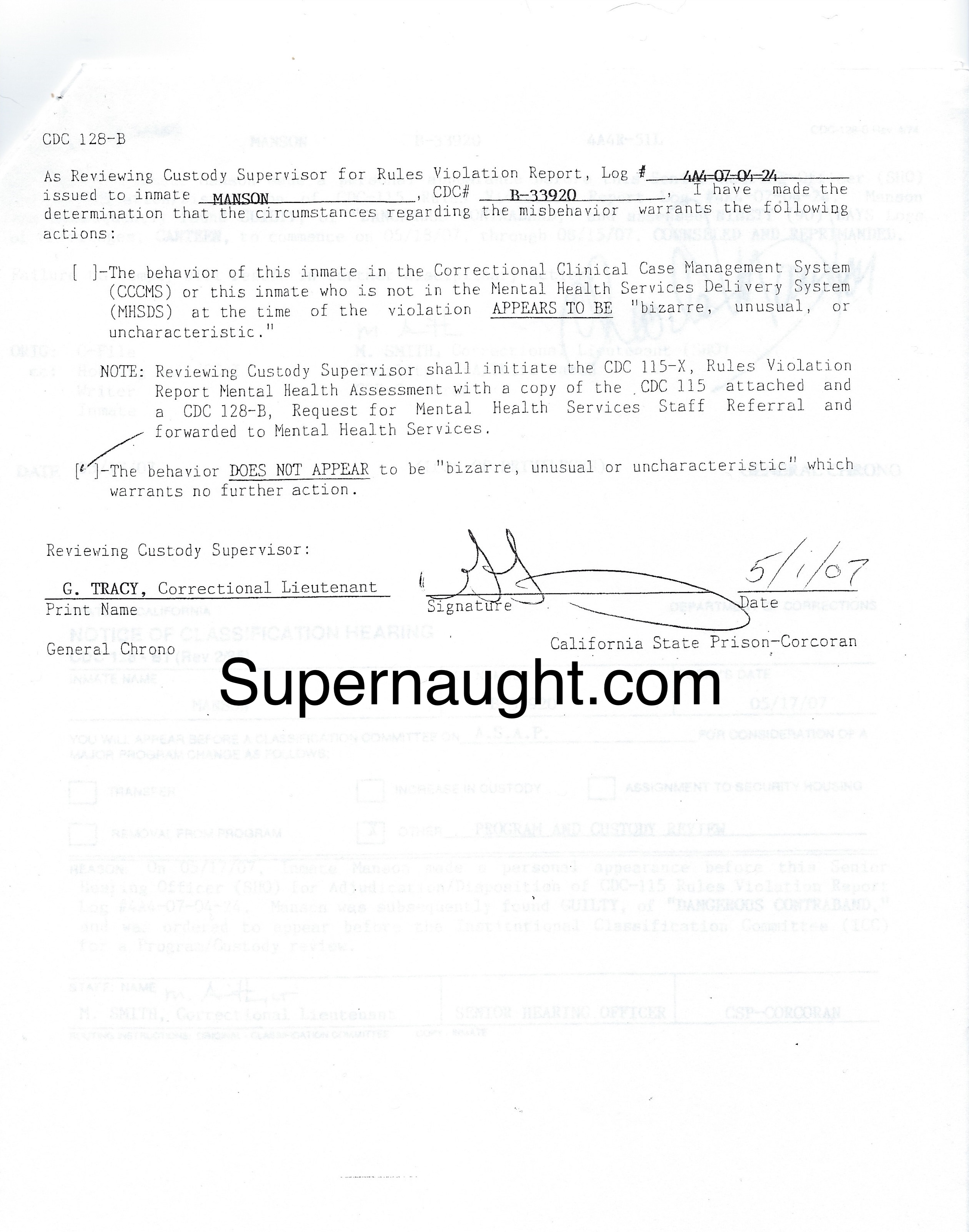 Charles Manson May 2007 Classification Hearing Signed image 2