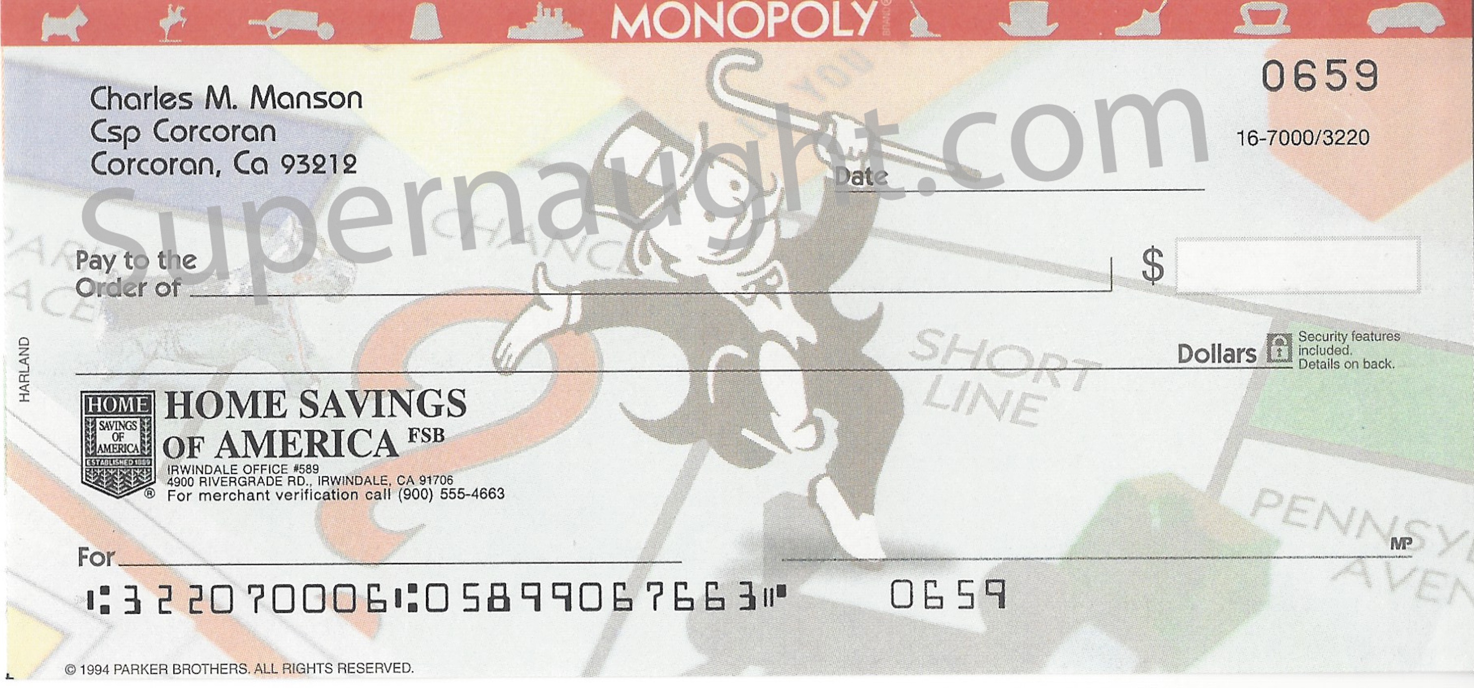 Charles Manson Monopoly Check from Checking Account