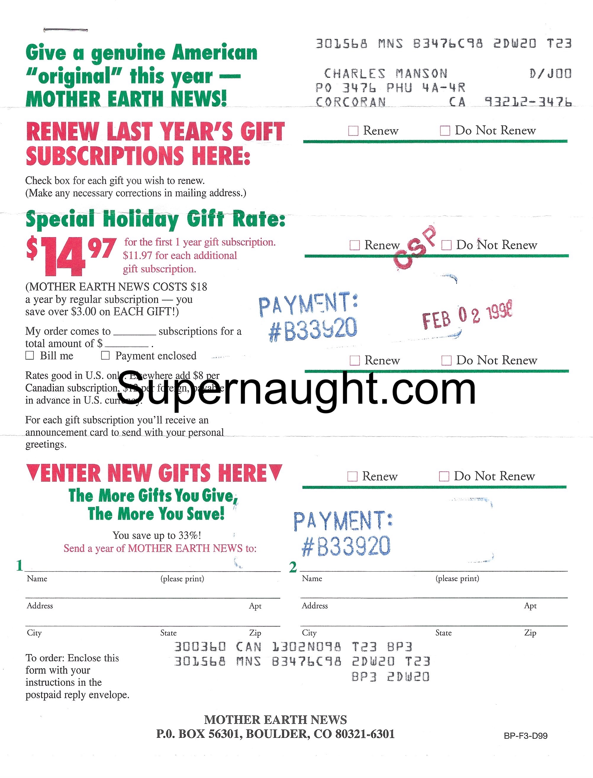 Charles Manson Mother Earth Renewal Form with Envelope