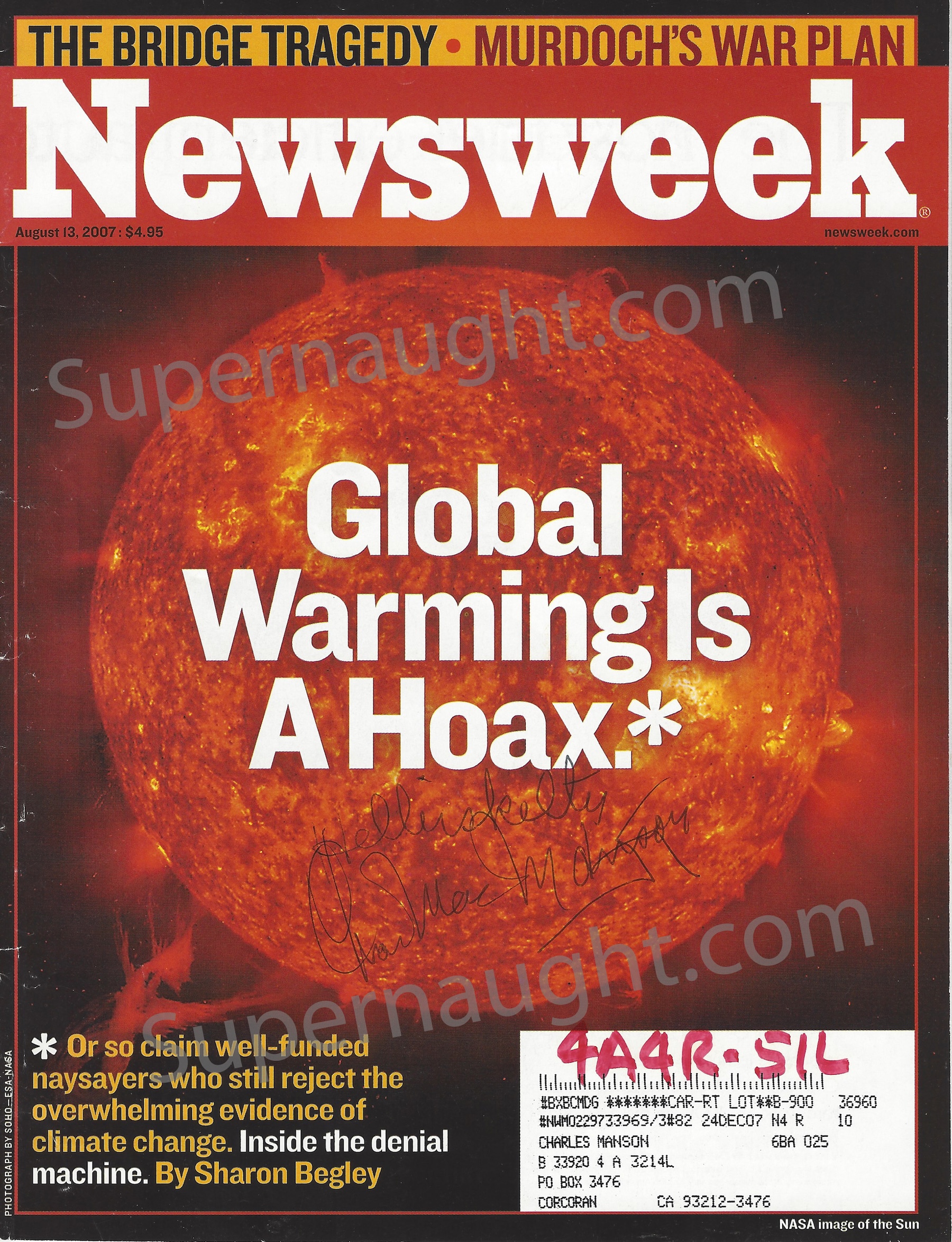 Charles Manson Newsweek August 2007 His Copy Signed